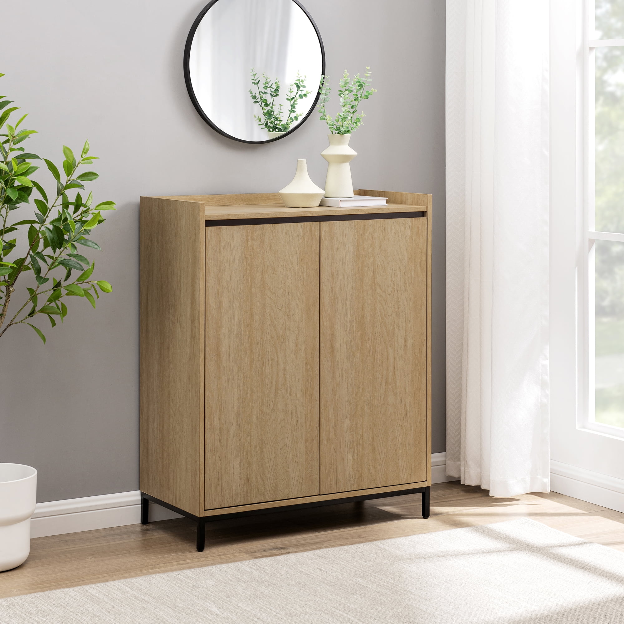 Walker Edison Contemporary Gallery-Top 2-Door Accent Cabinet, Coastal Oak