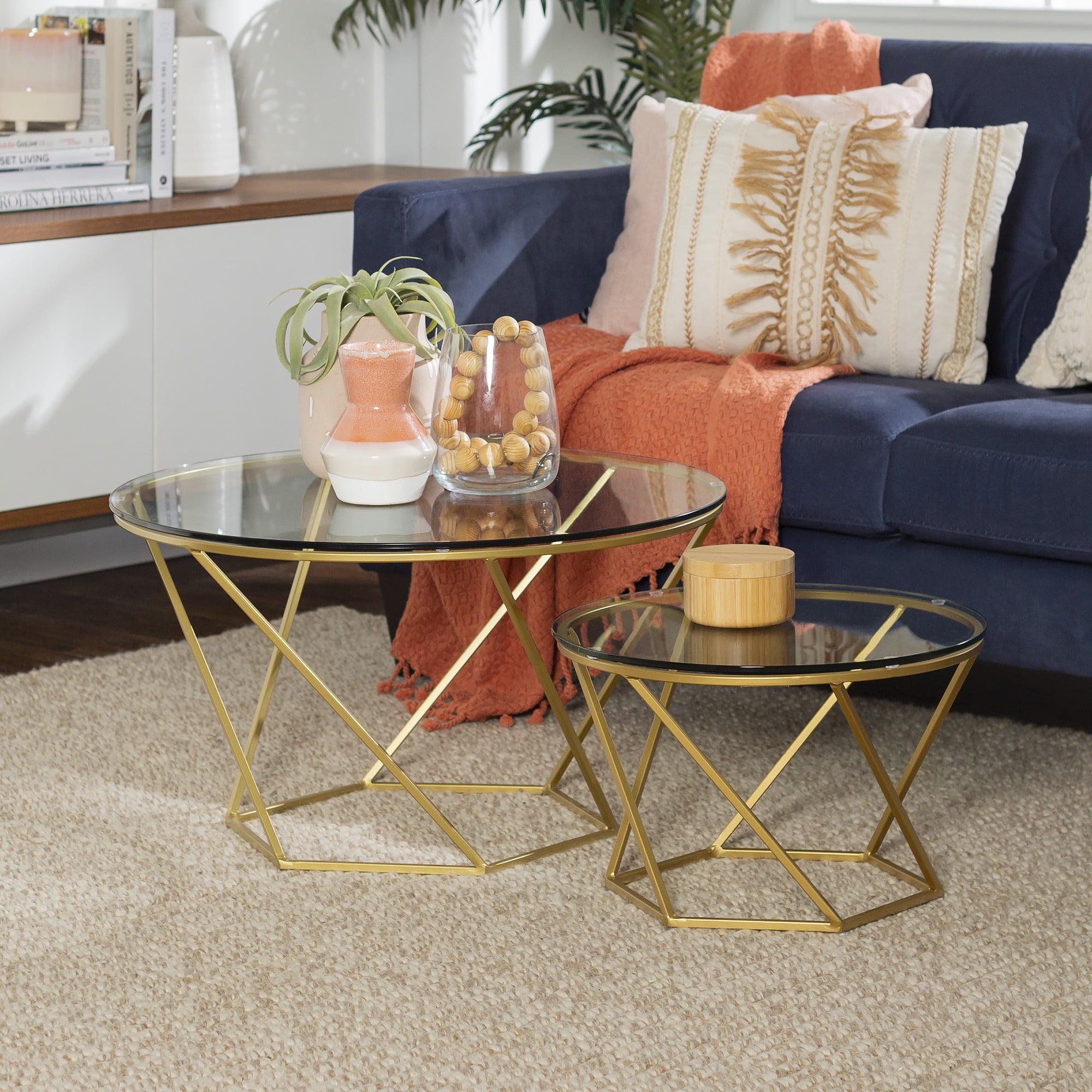 Walker Edison Eloise Geometric Nesting End Tables, Glass/Gold, Set of 2