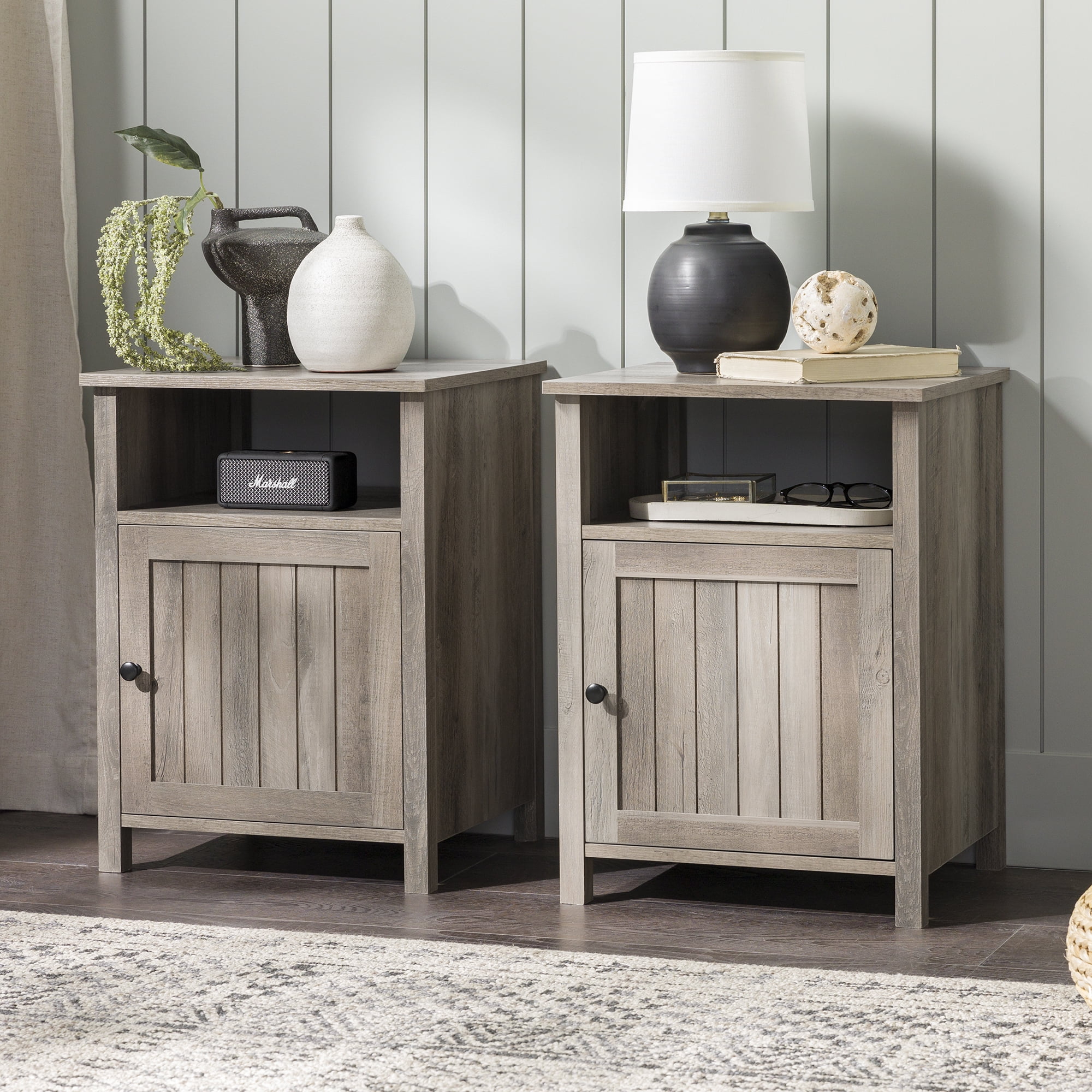 Walker Edison Farmhouse Groove Door End Table, Set of 2, Grey Wash