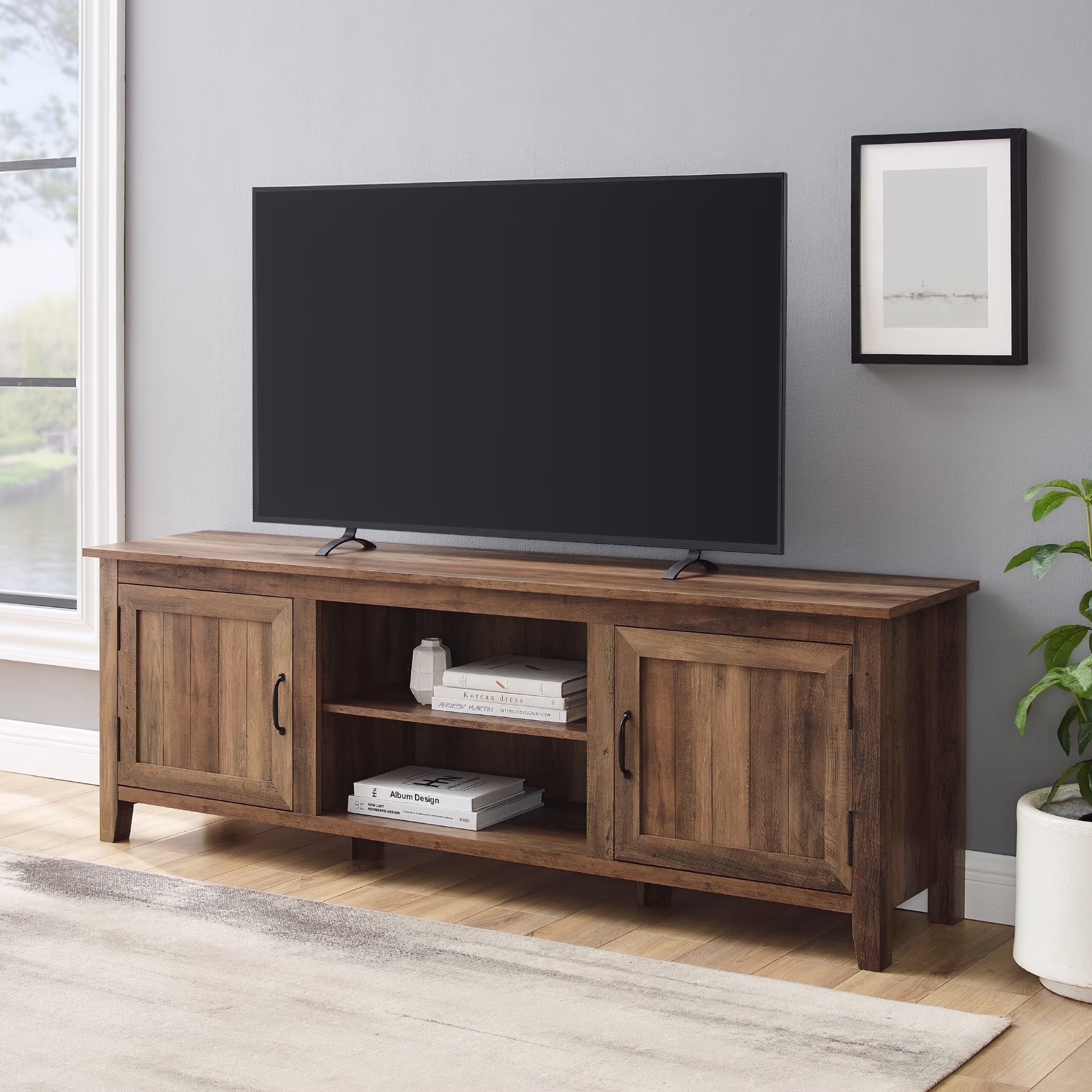 Walker Edison Farmhouse Grooved Door TV Stand for TVs up to 80", Rustic Oak