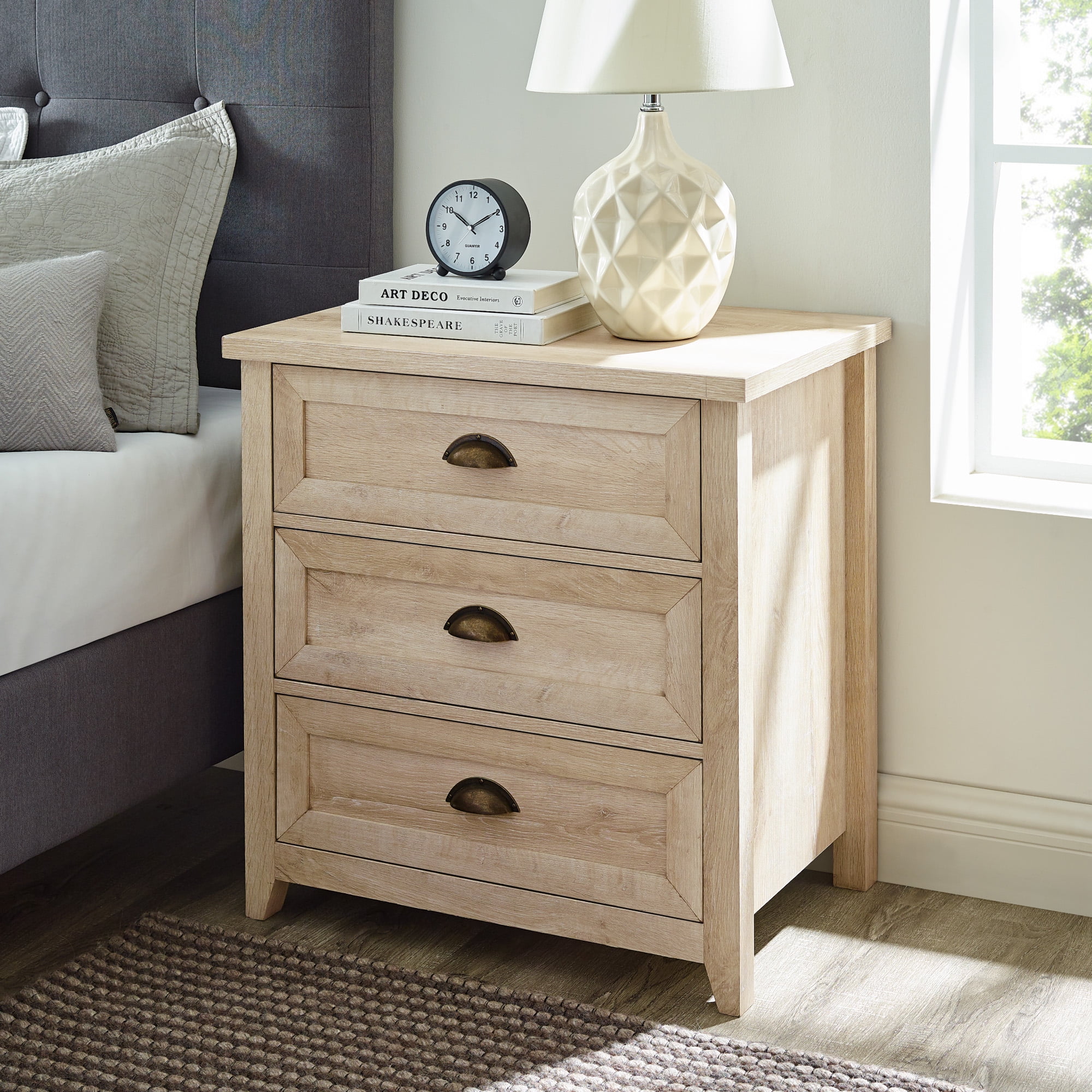 Walker Edison Farmhouse 3 Drawer Nightstand, White Oak