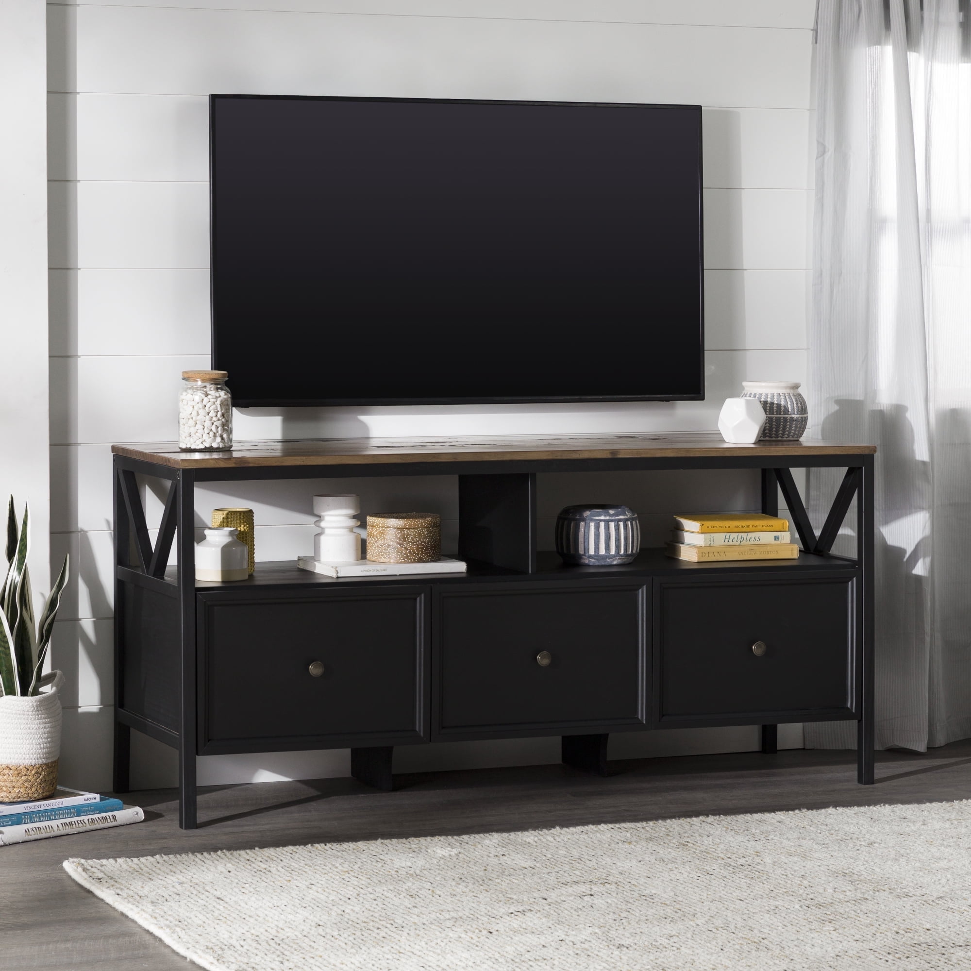 Walker Edison Farmhouse 3 Drawer 60" TV Stand, Rustic Oak/Black