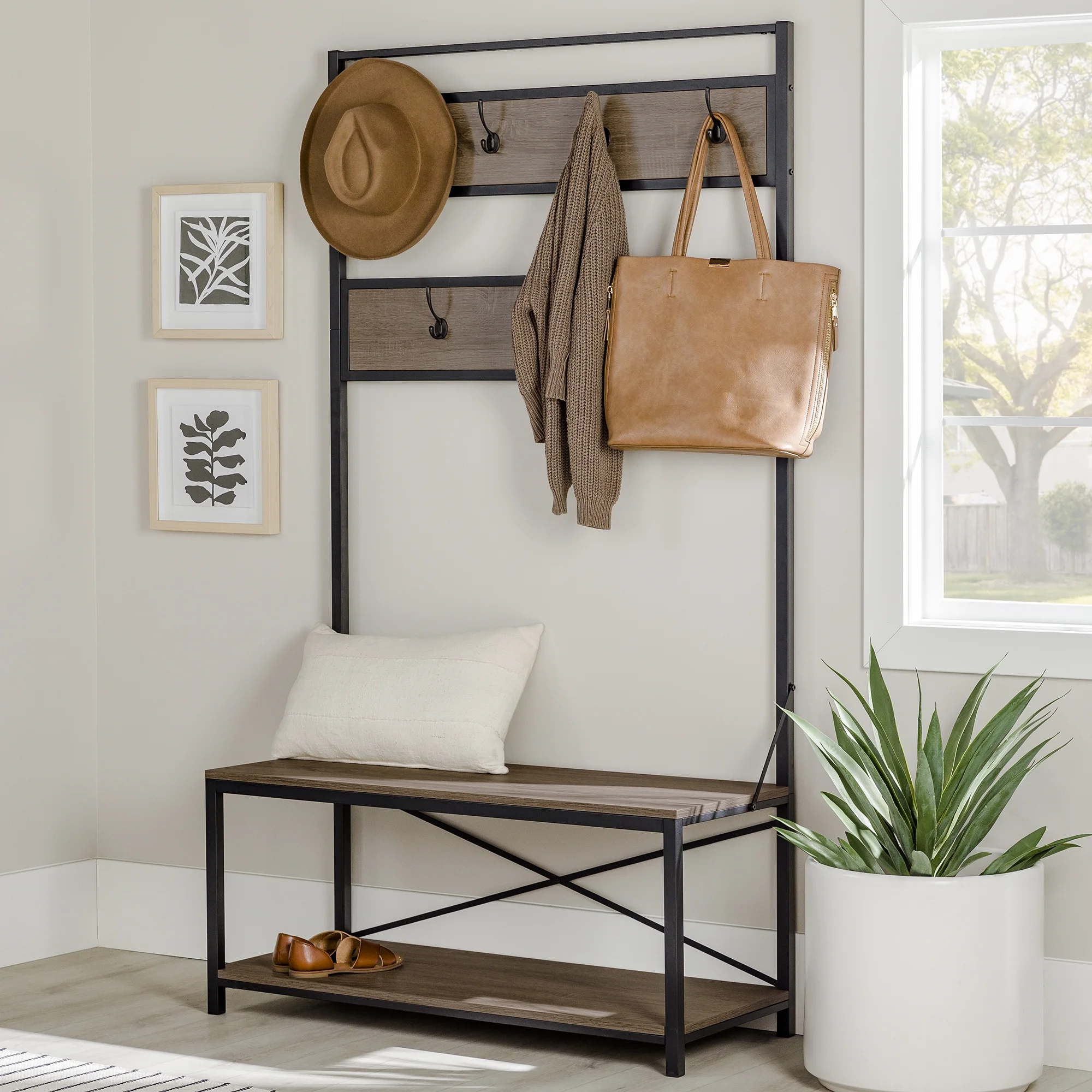 Walker Edison Industrial Hall Tree with Bench and Coat Hooks, Driftwood