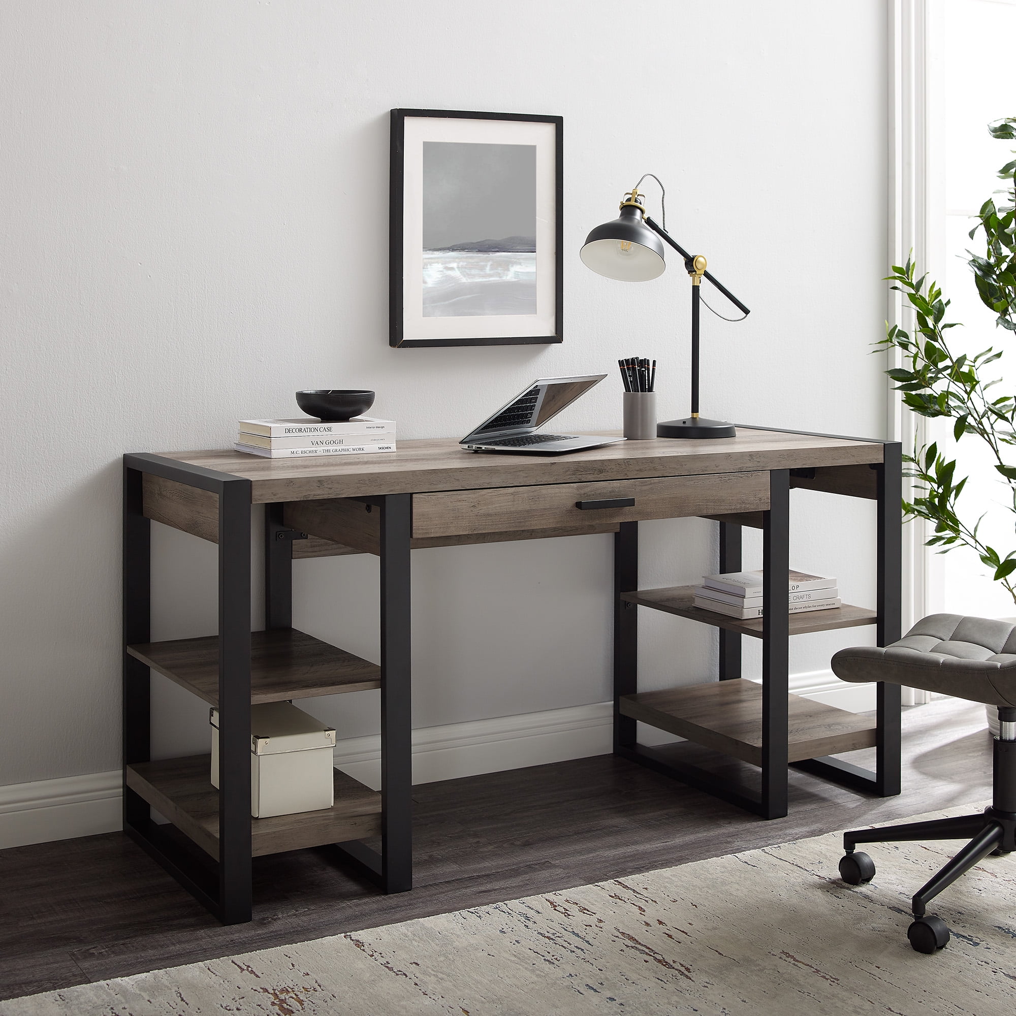 Walker Edison Industrial 4-Shelf Computer Desk with USB Port, Grey Wash