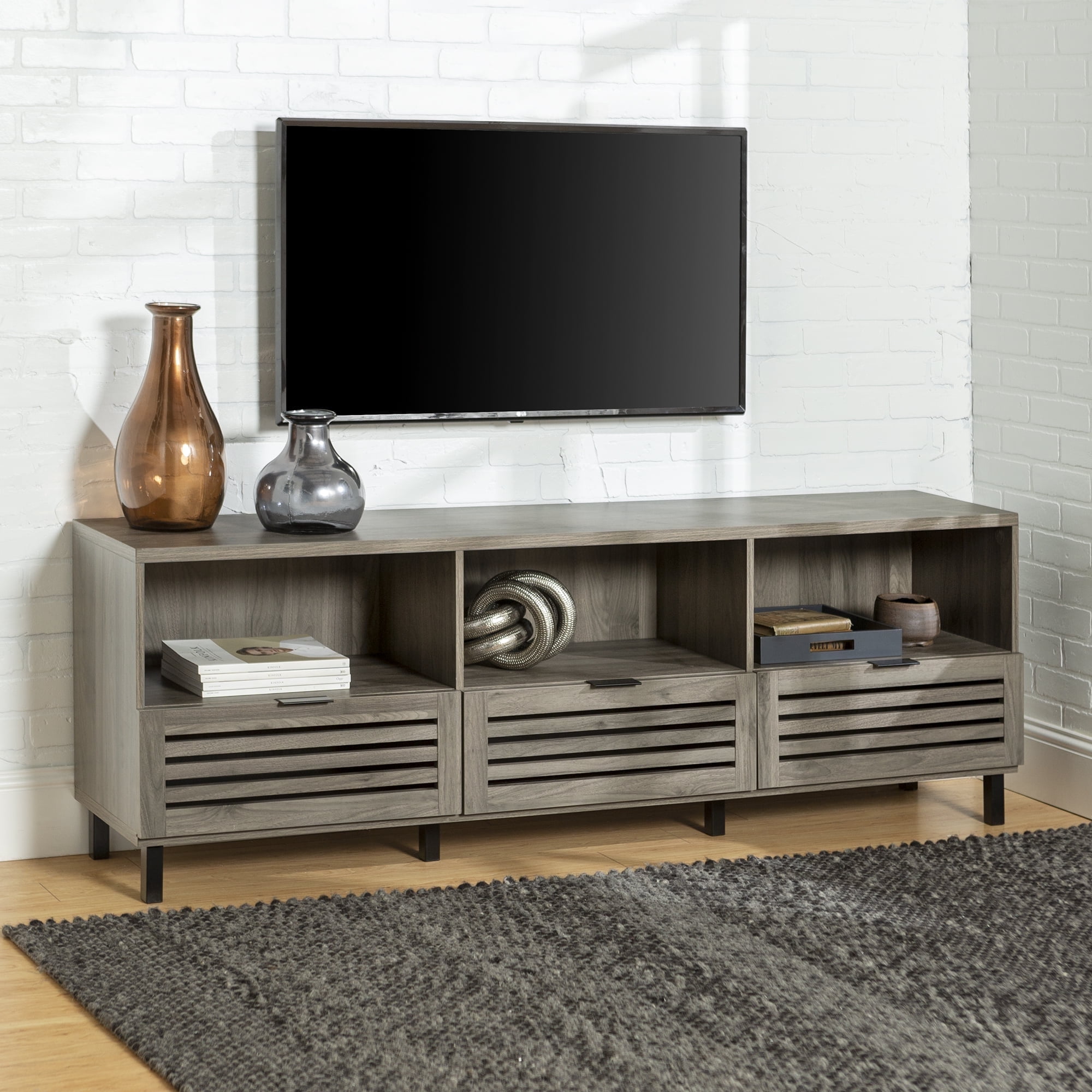 Walker Edison Jackson Modern Slatted 3-Drawer TV Stand for TVs up to 80", Slate Grey