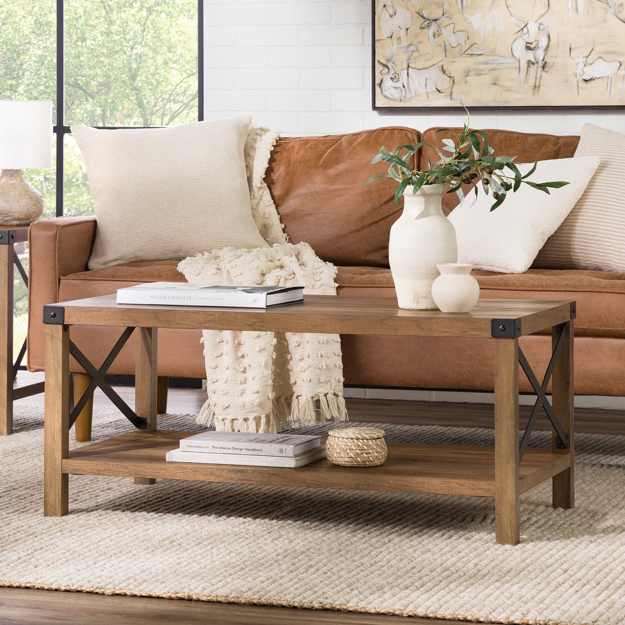 Walker Edison Magnolia Metal X Coffee Table, Reclaimed Barnwood