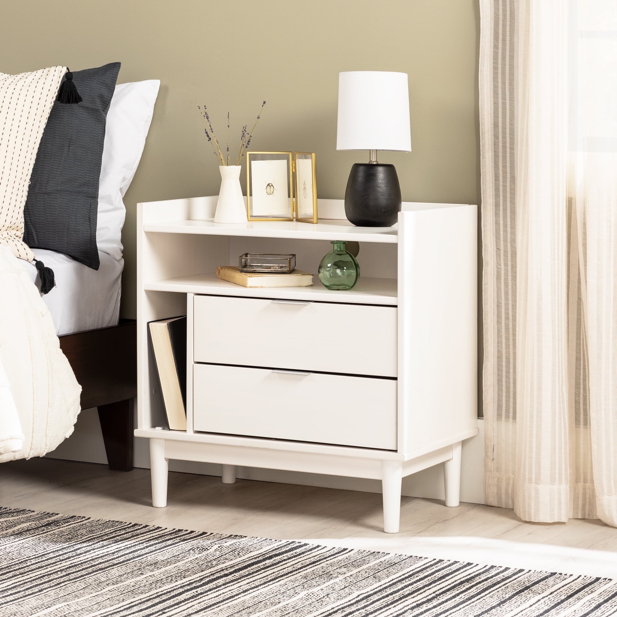 Walker Edison Mid-Century Modern 2-Drawer Wood Nightstand, Solid White