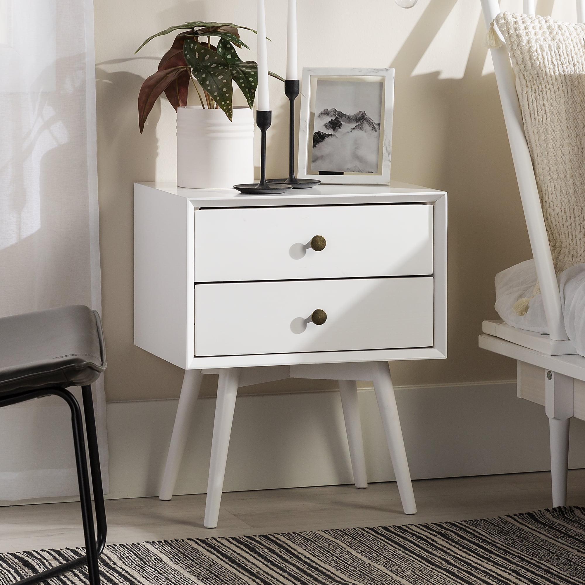 Walker Edison Mid Century Modern 2 Drawer Nightstand, White