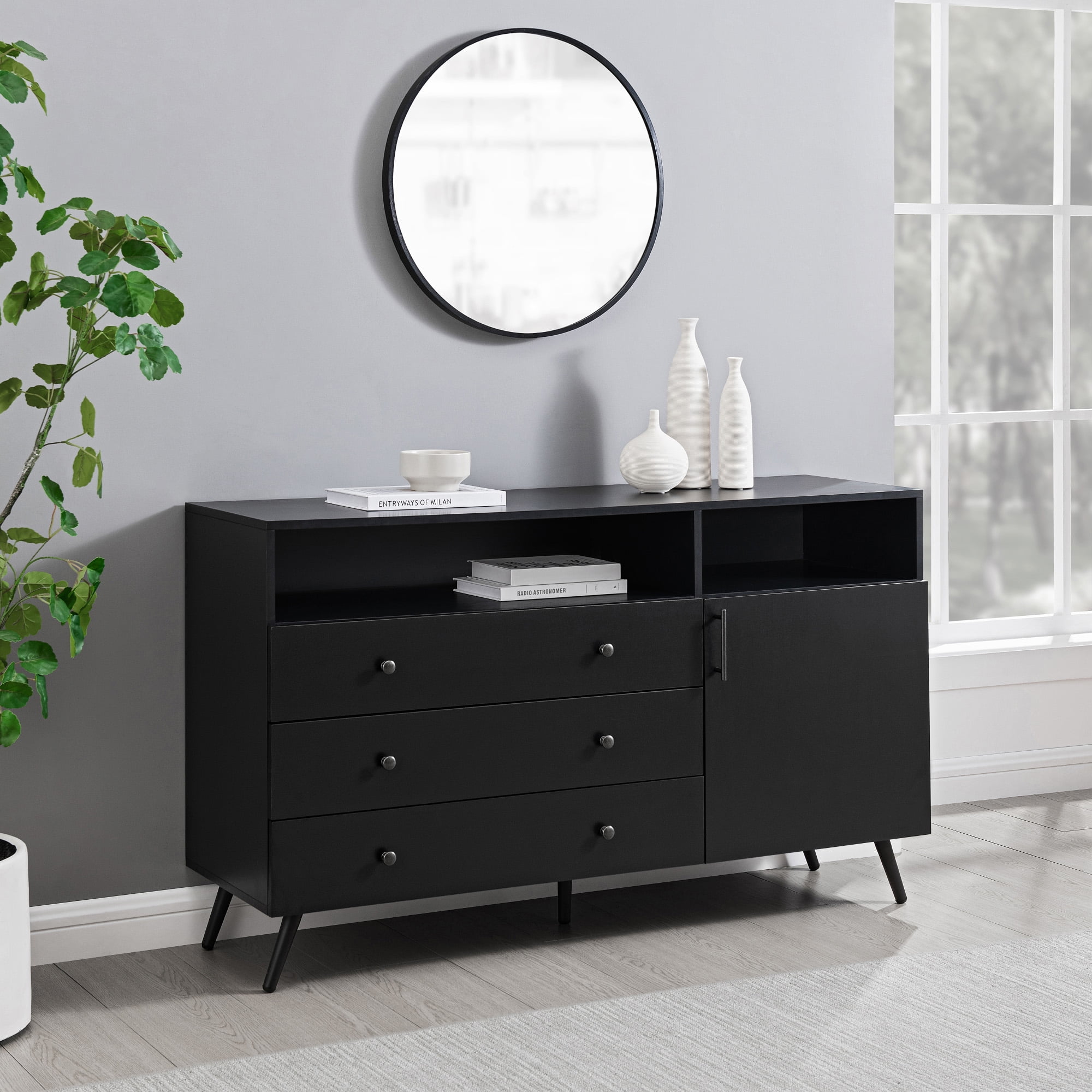 Walker Edison Mid-Century Modern 3-Drawer Sideboard, Solid Black
