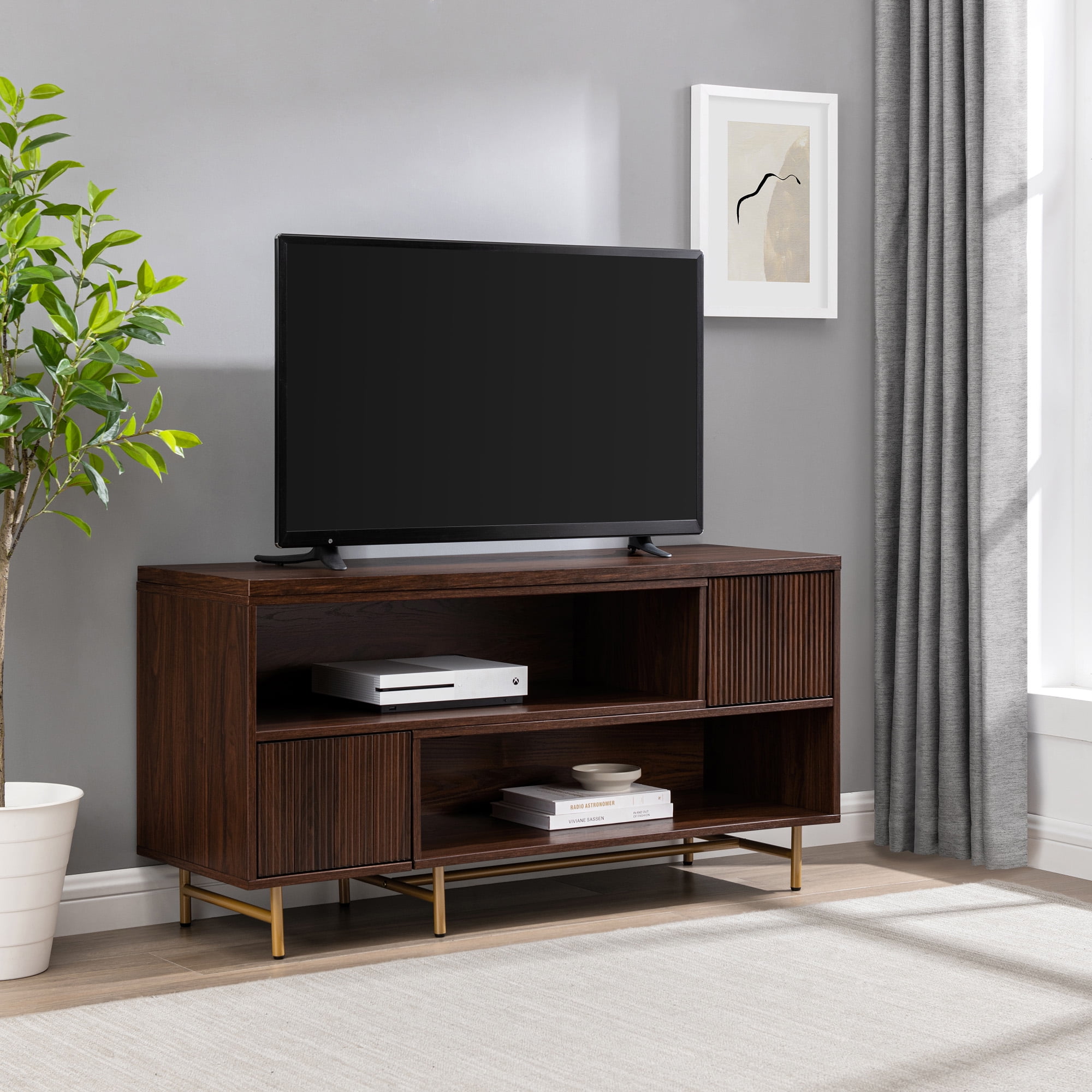 Walker Edison Mid-Century Modern 47" to 67" Extendable TV Stand for TVs up to 56”, Dark Walnut