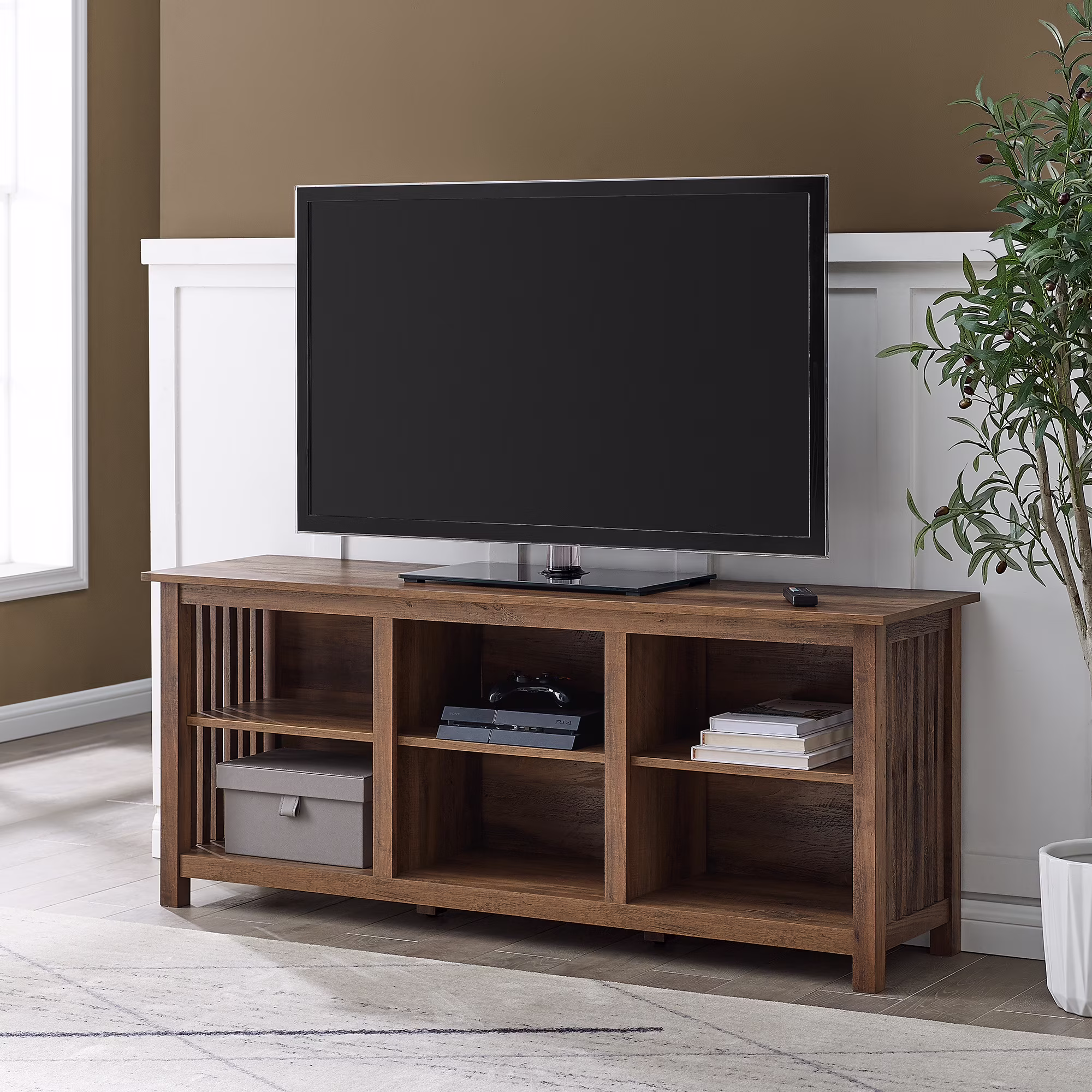 Walker Edison Mission Slatted Side TV Stand for TVs up to 65”, Rustic Oak