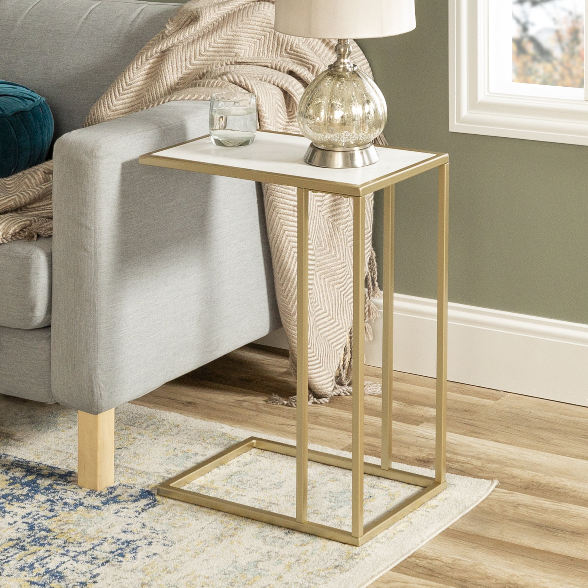 Walker Edison Modern Wood and Metal C-Table, Faux White Marble/Gold