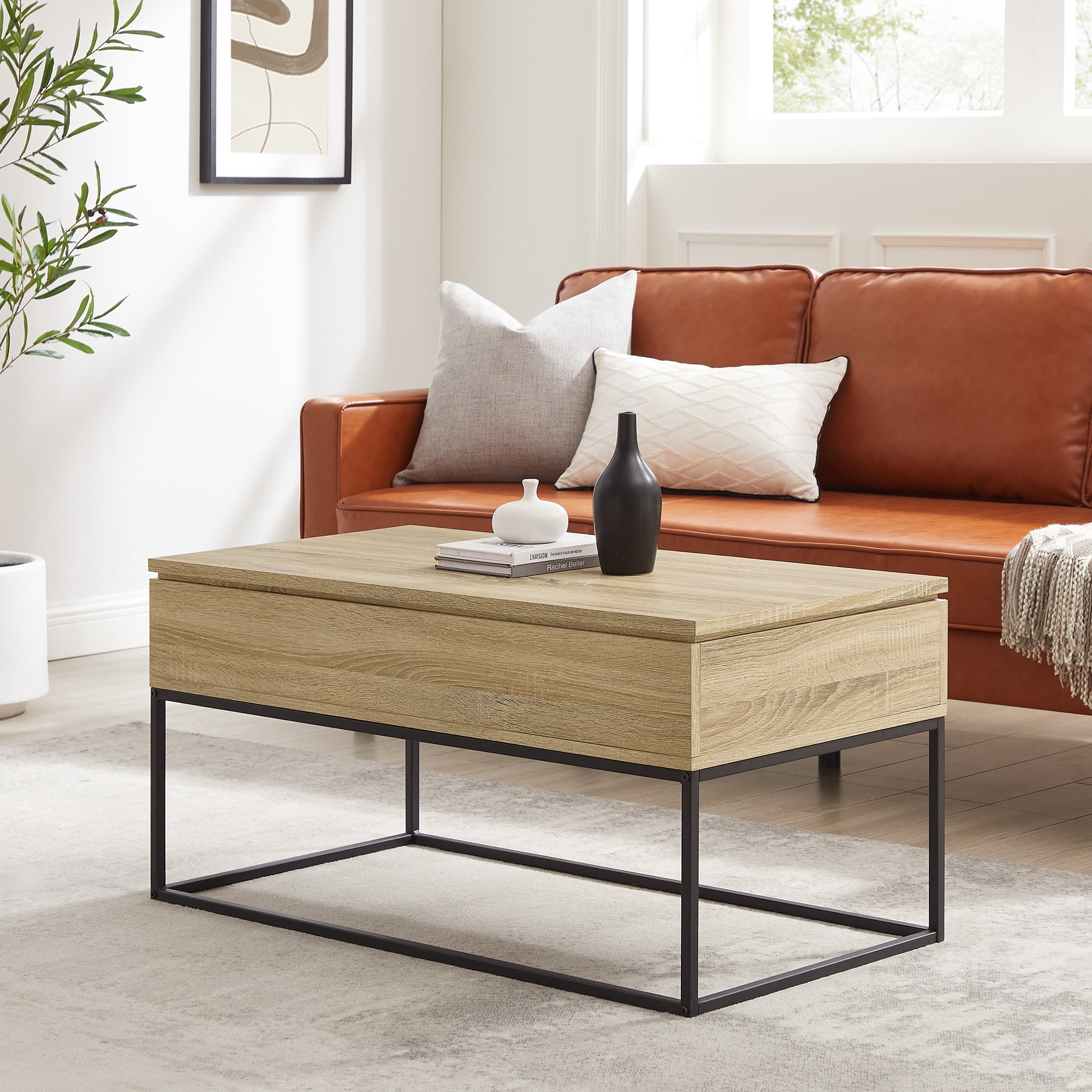 Walker Edison Modern Wood and Metal Lift-Top Coffee Table, Natural