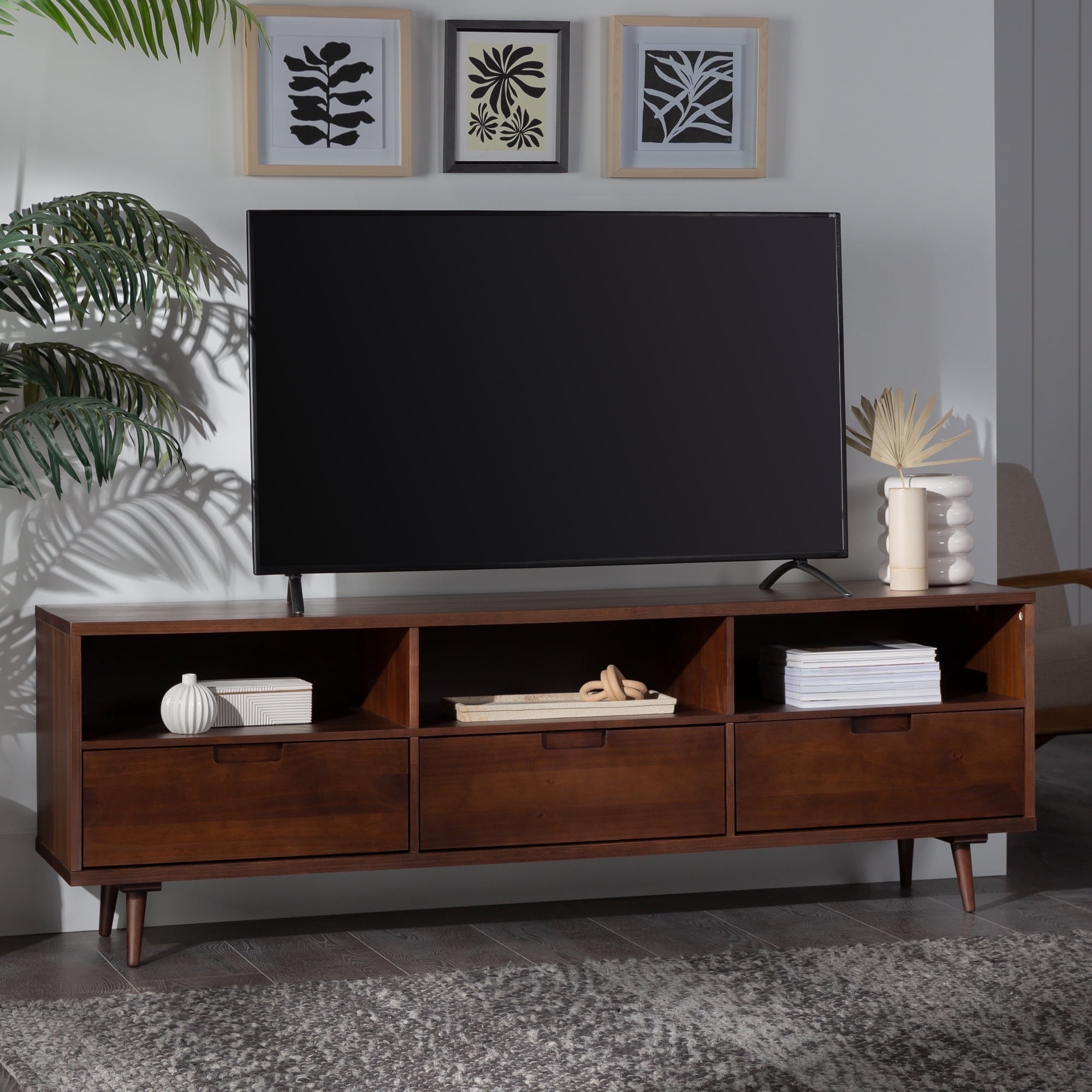 Walker Edison Modern Boho Wood 3 Drawer 70” TV Stand, Walnut