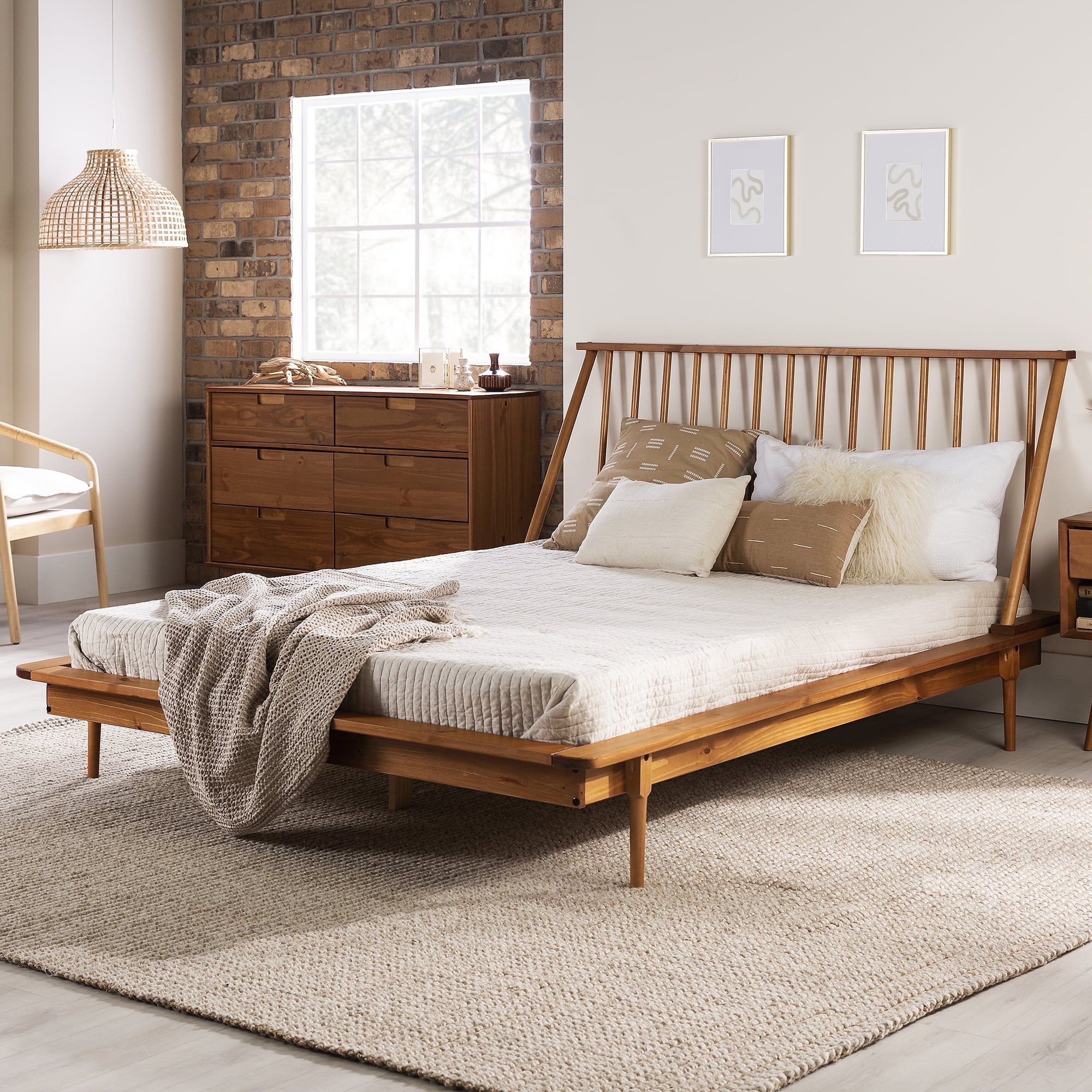 Walker Edison Modern Boho Queen Size Solid Wood Platform Bed, Caramel