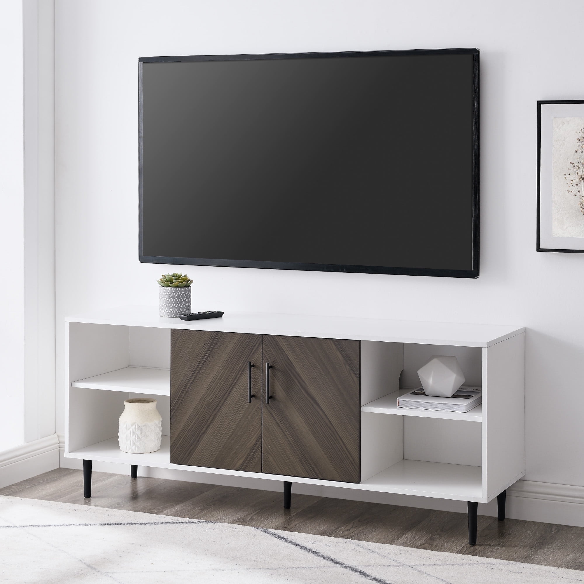 Walker Edison Modern Bookmatch TV Stand for TVs up to 65", Ash Brown/White