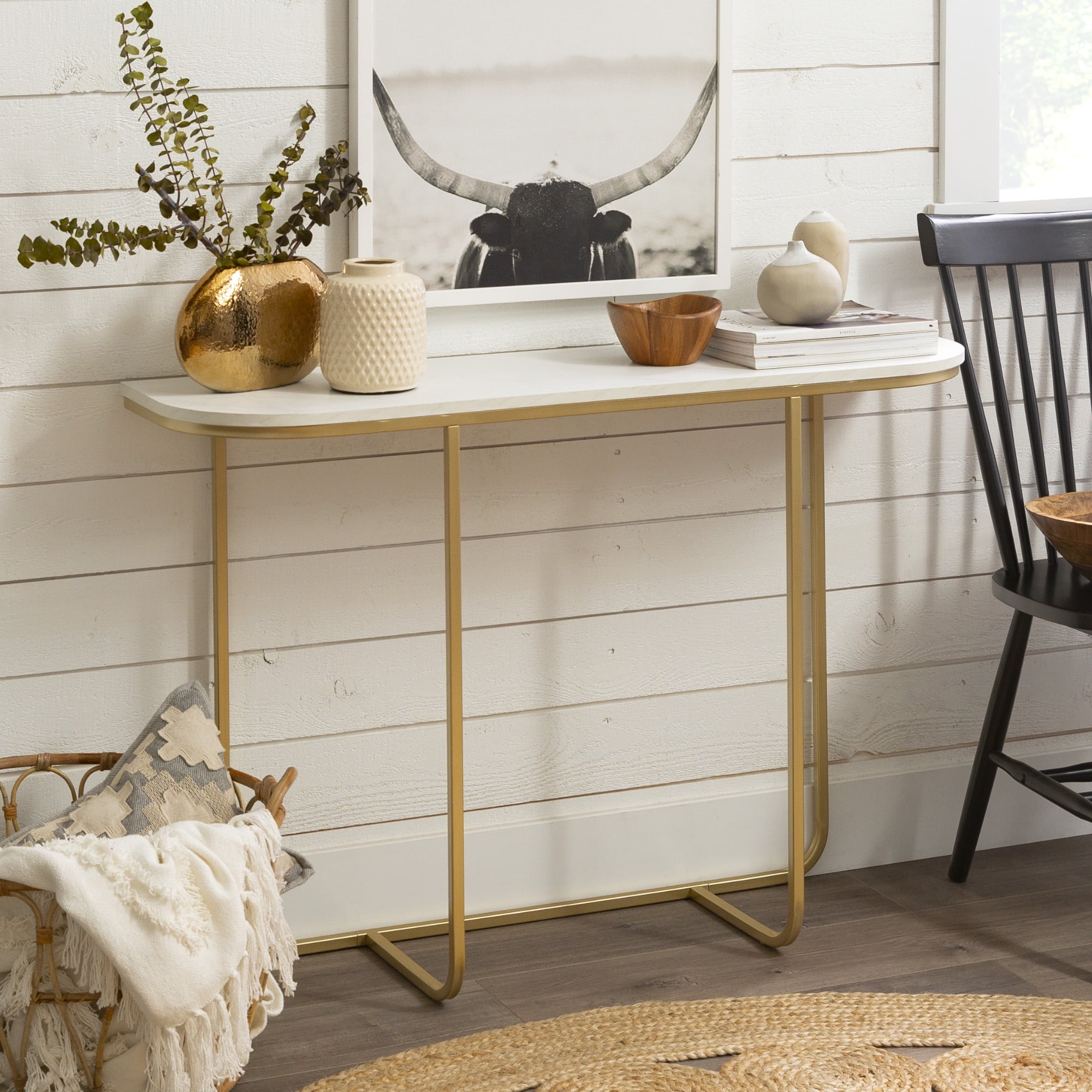 Walker Edison Modern Curved Entry Table, Faux White Marble/Gold