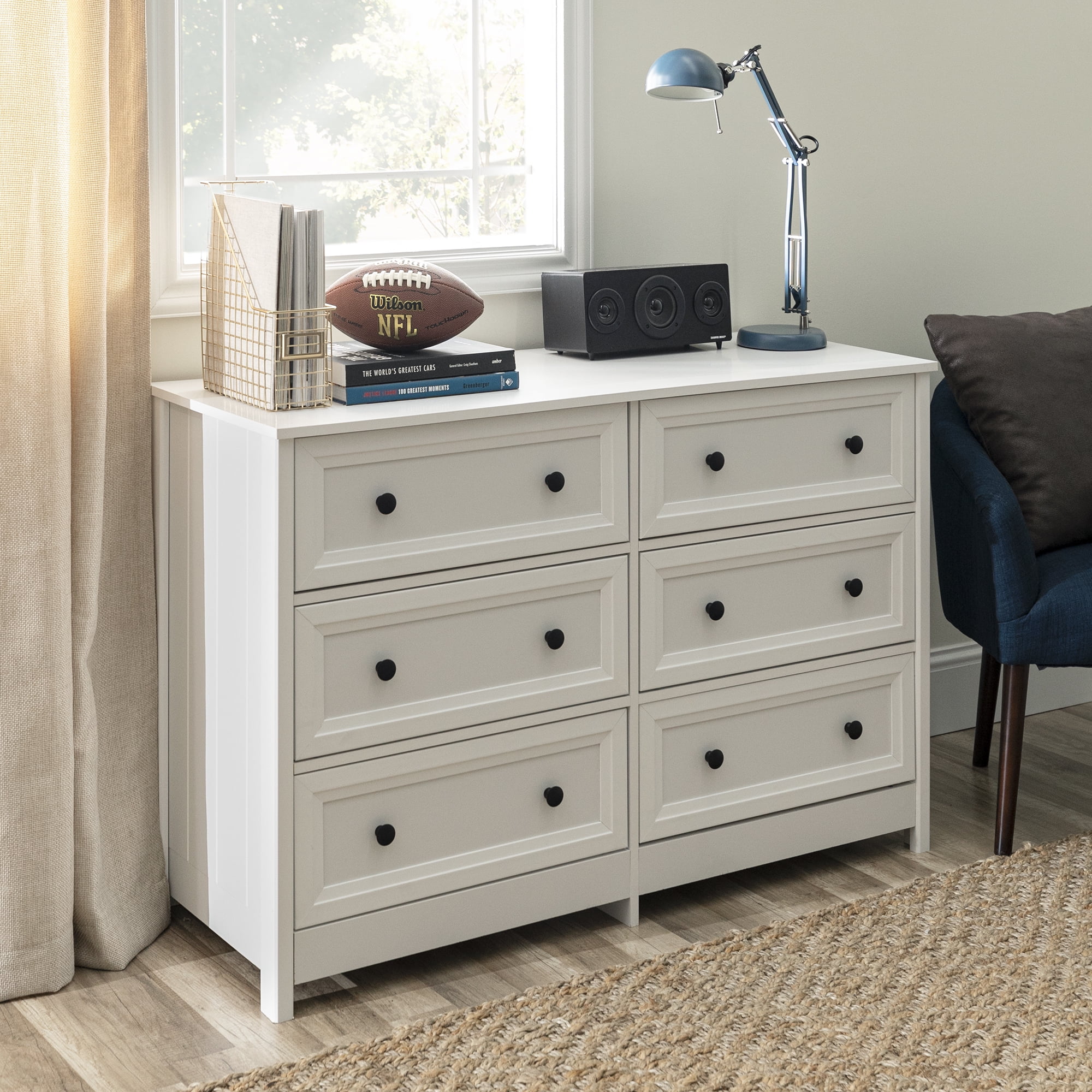 Walker Edison Modern Farmhouse Grooved 6-Drawer Dresser, White