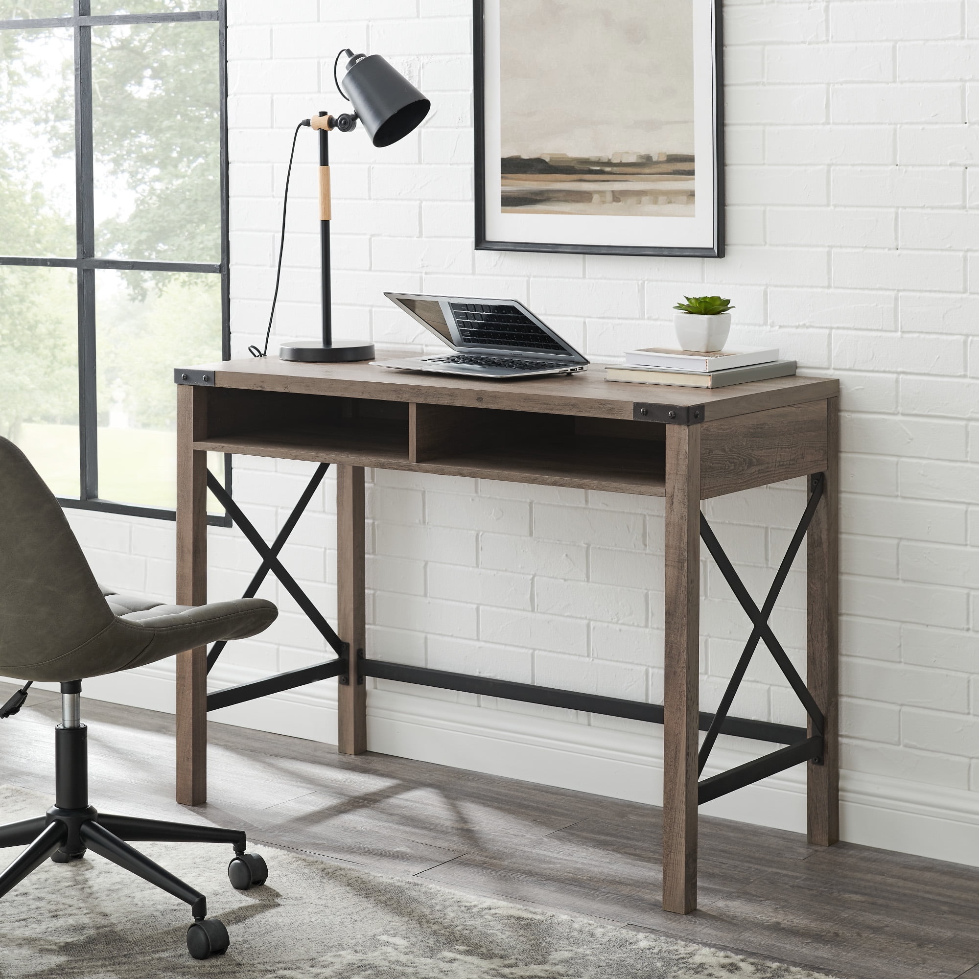 Walker Edison Modern Farmhouse Metal X Open Storage Writing Desk, Grey Wash