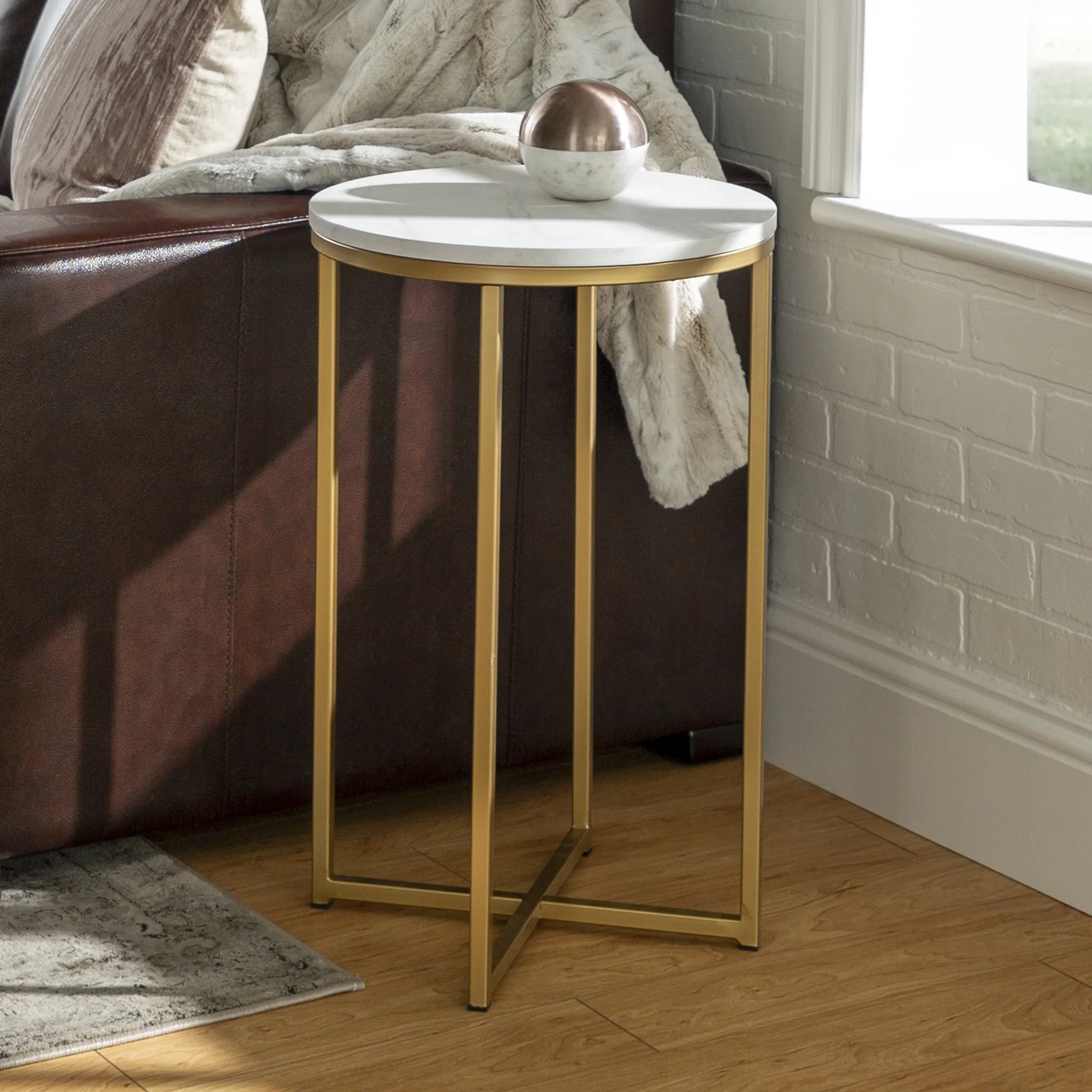 Walker Edison Modern Glam Round End Table, White Faux Marble/Gold