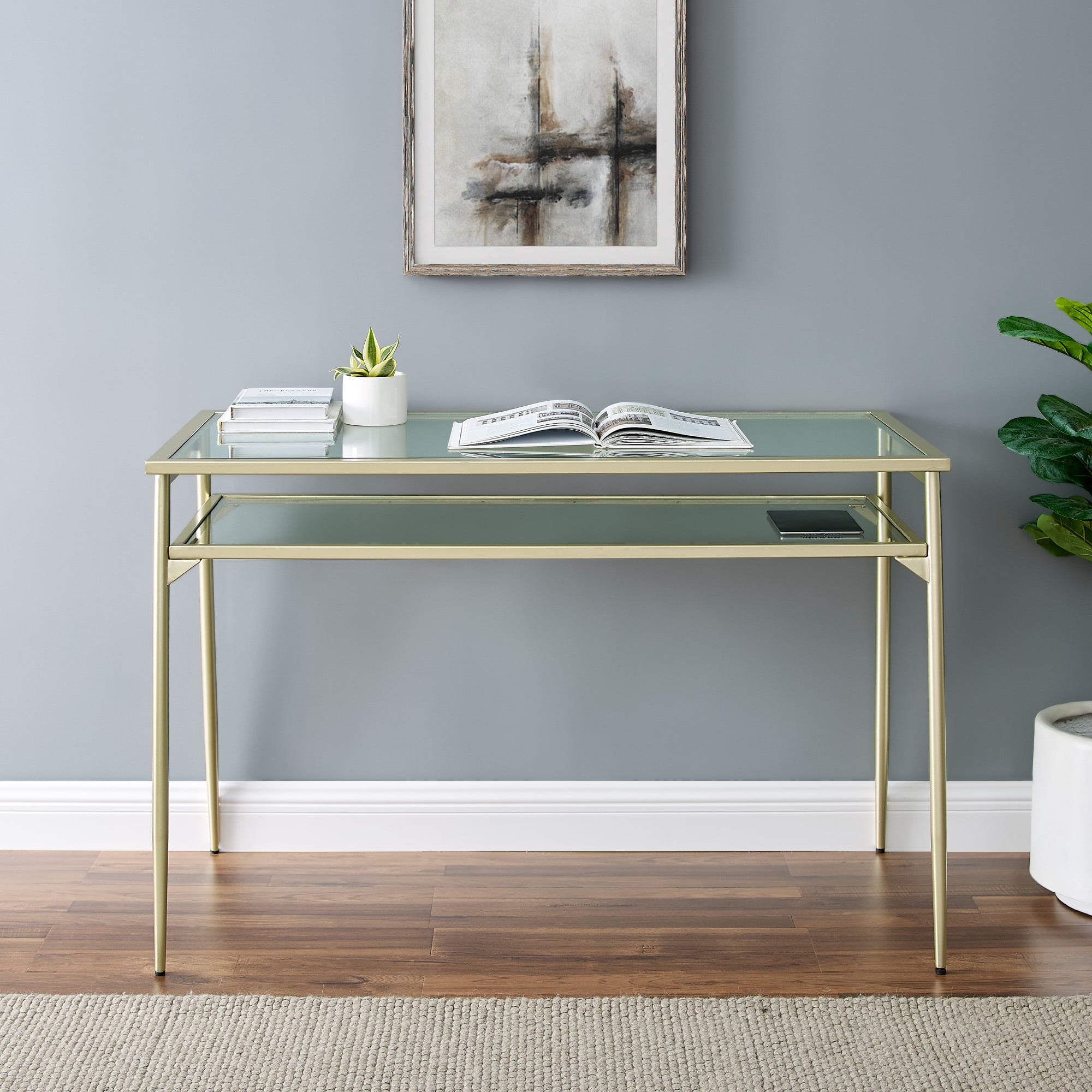 Walker Edison Modern Glass Tiered Writing Desk, Gold