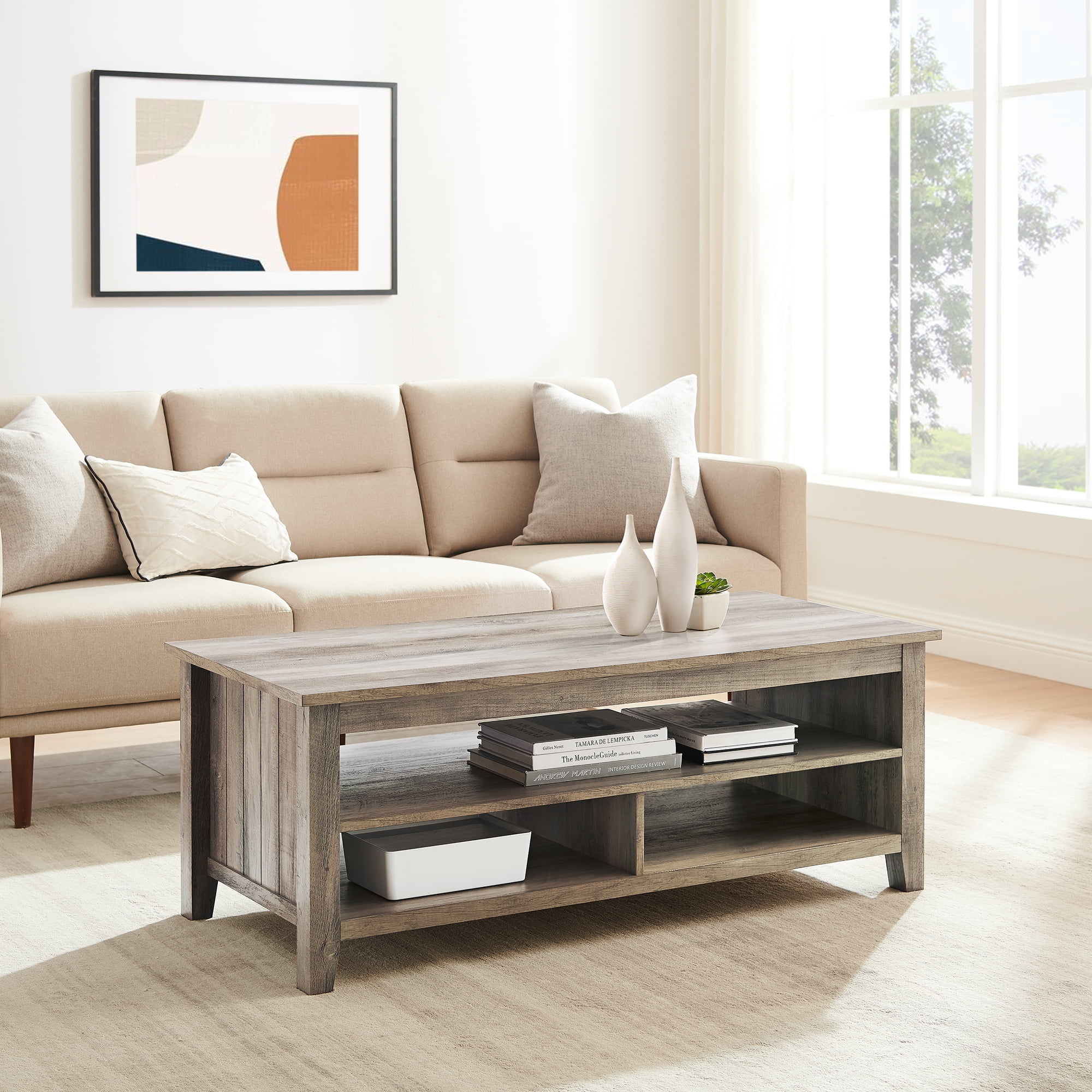 Walker Edison Modern Grooved Side Panel Coffee Table, Grey Wash