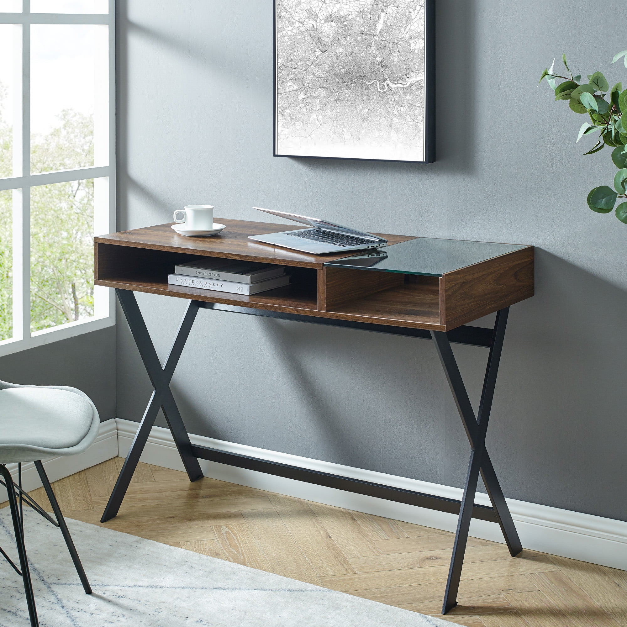 Walker Edison Modern X-Leg Writing Desk, Dark Walnut