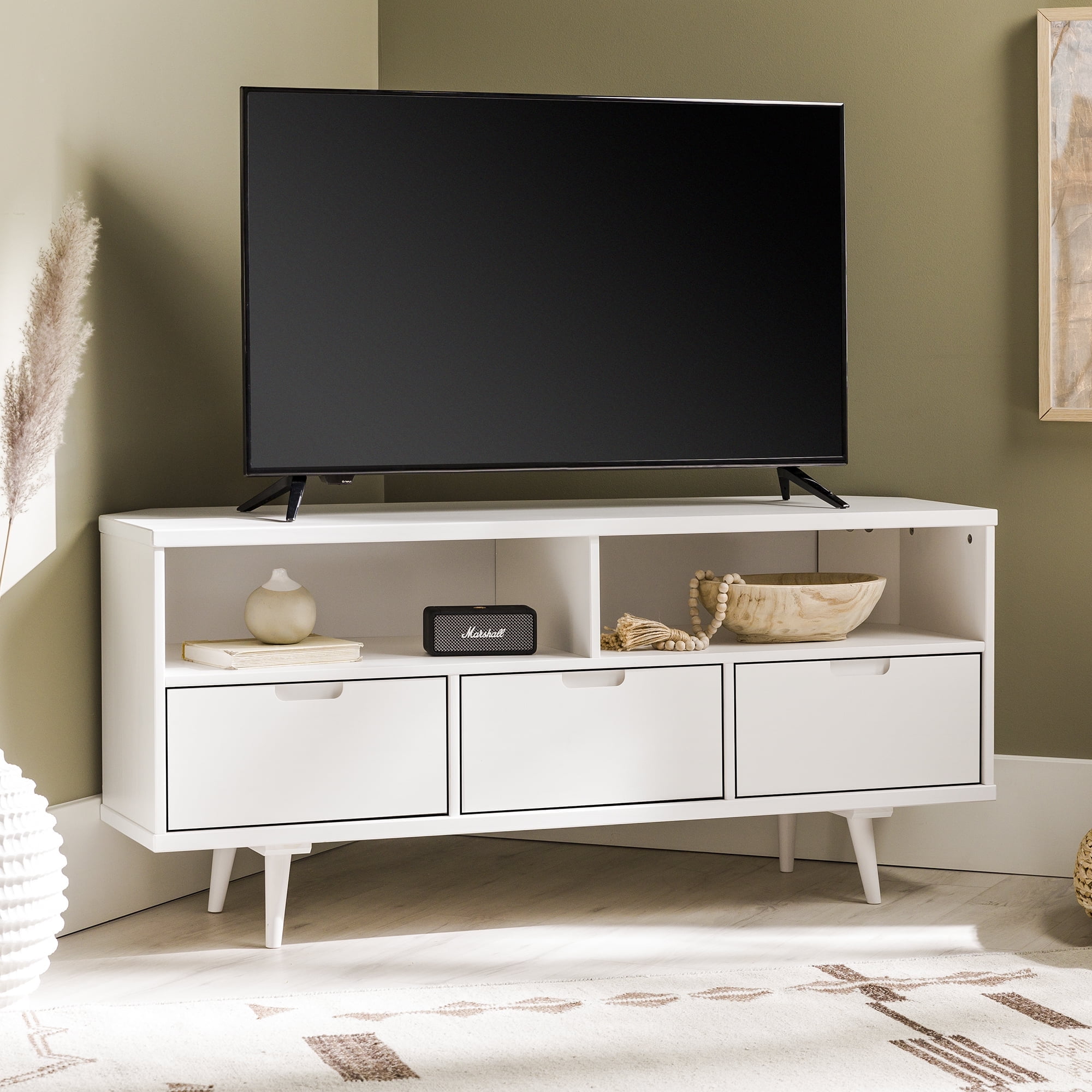 Walker Edison Modern 3-Drawer Solid Wood Corner TV Stand, White