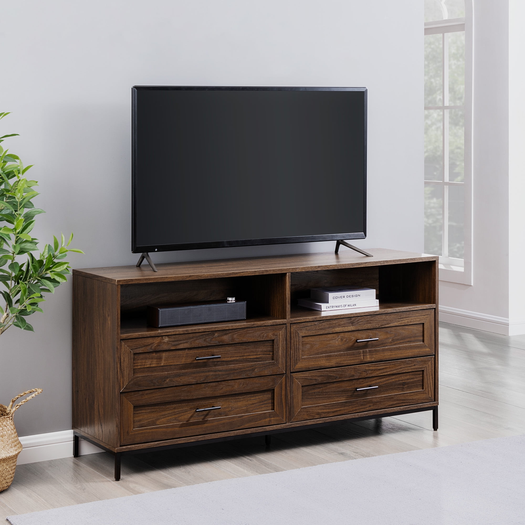 Walker Edison Modern 4-Drawer TV Stand for TVs up to 60”, Dark Walnut
