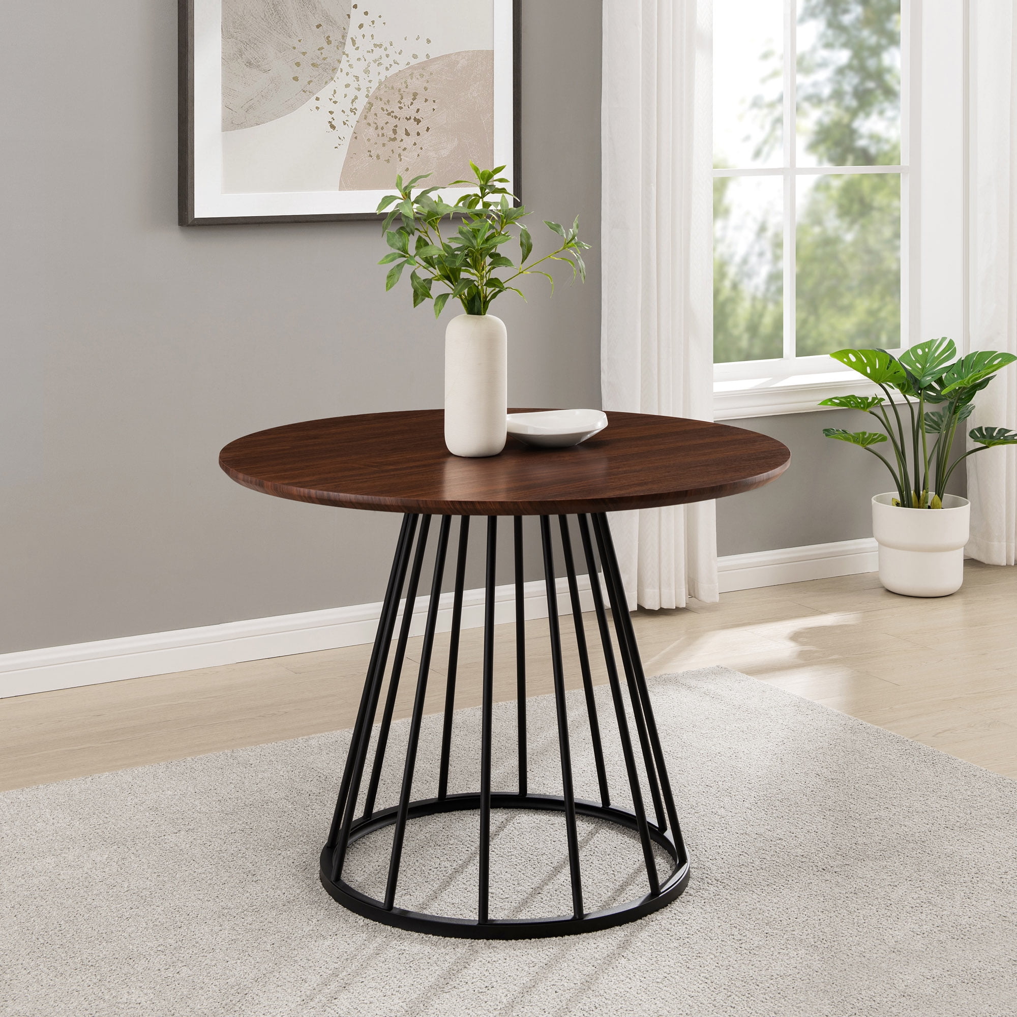 Walker Edison Modern 40" Round Dining Table with Metal Cage Base, Dark Walnut