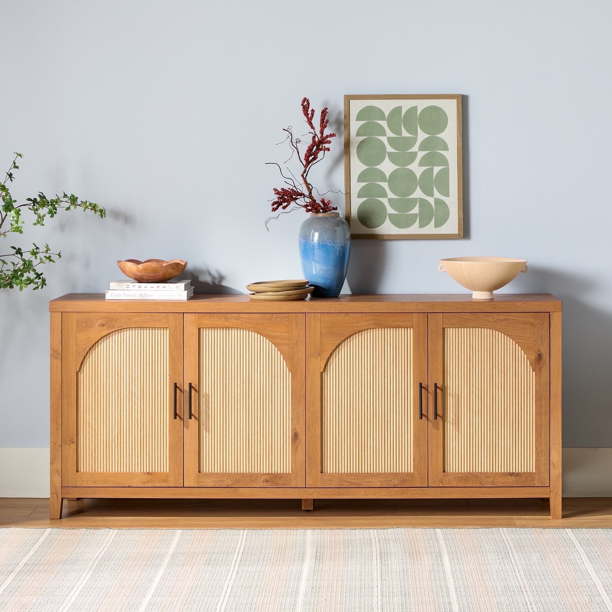 Walker Edison Modern 2-Shelf 70" Sideboard with Reeded Arch Detailing, English Oak