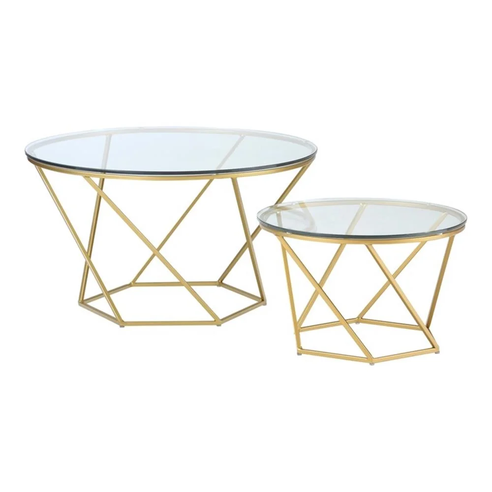 Walker Edison Round Glass Top Nesting Coffee Table Set with Gold Base