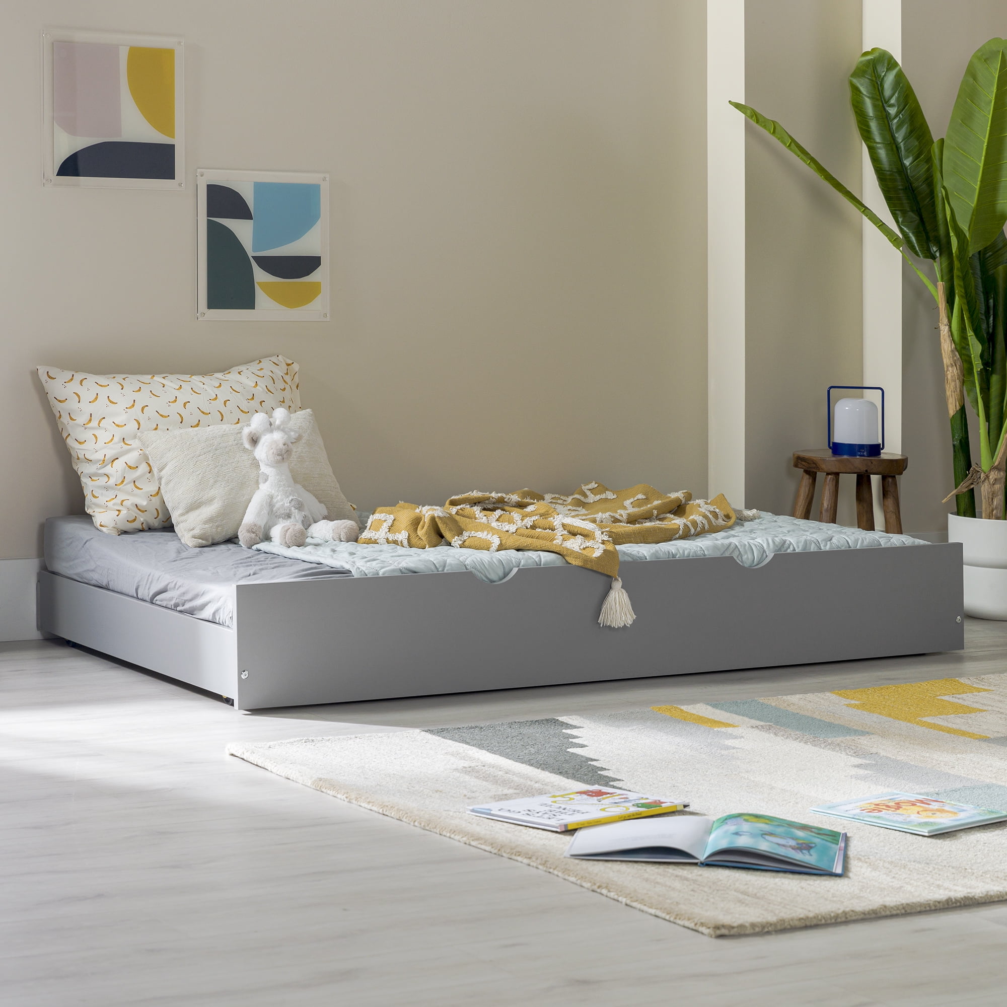 Walker Edison Solid Wood Junior Twin Trundle Bed, Grey