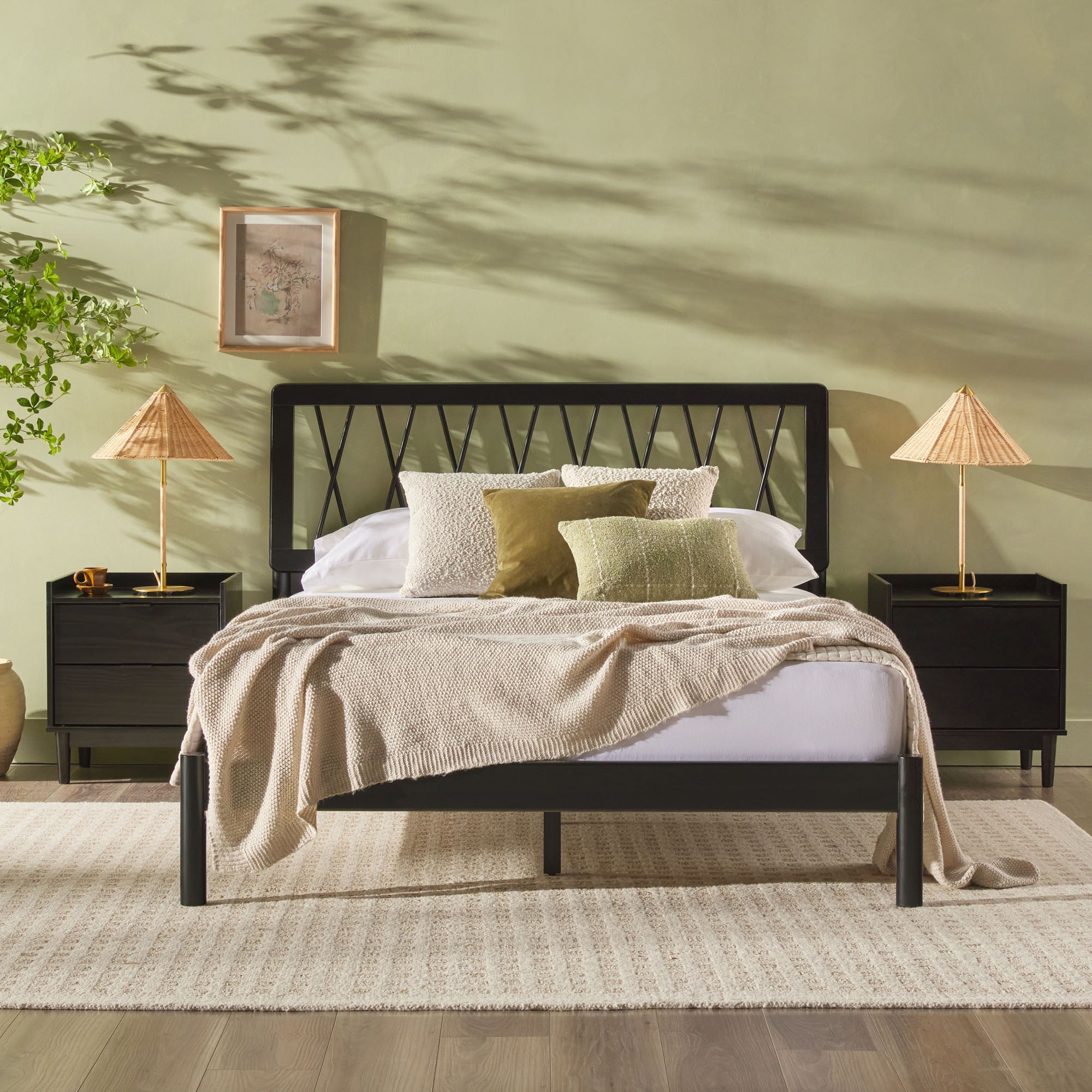 X Spindle Mid-Century Modern Solid Wood Queen Bed, Black