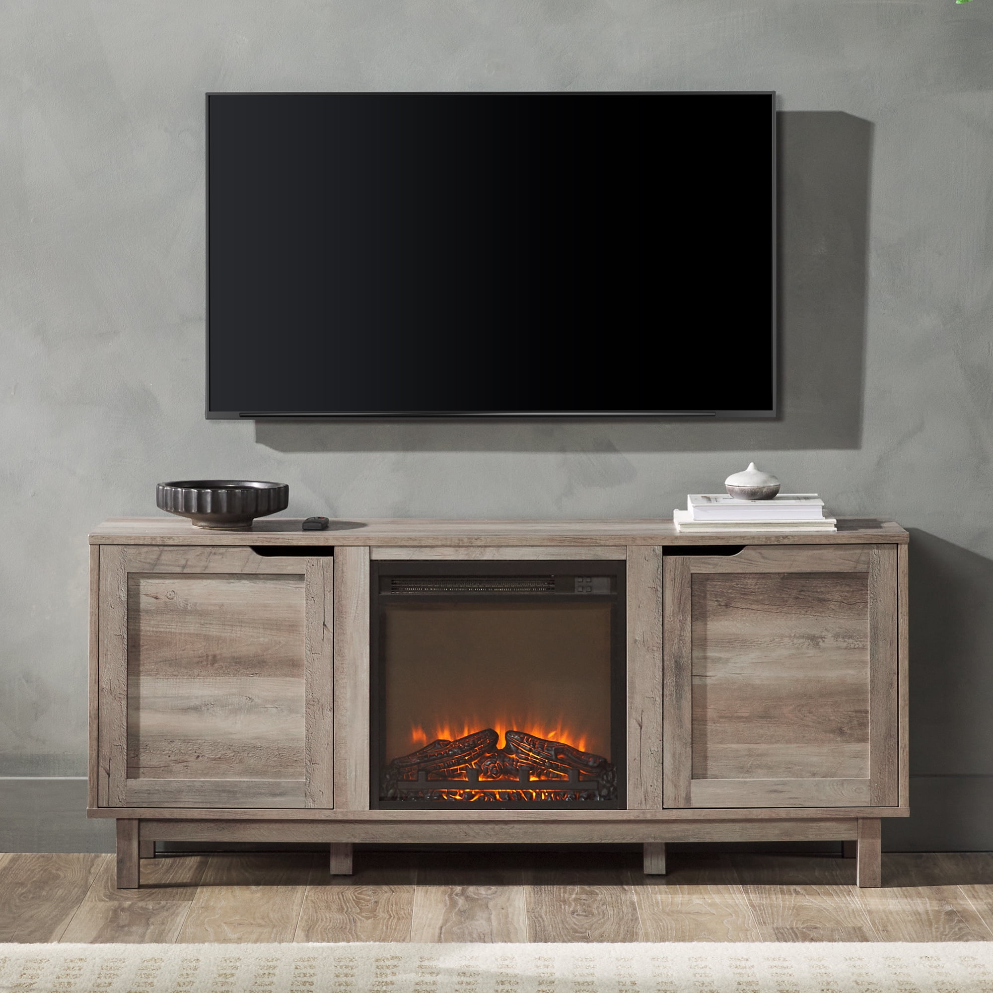 Walker Edison Transitional 2-Door Fireplace TV Stand for TVs up to 65”, Grey Wash