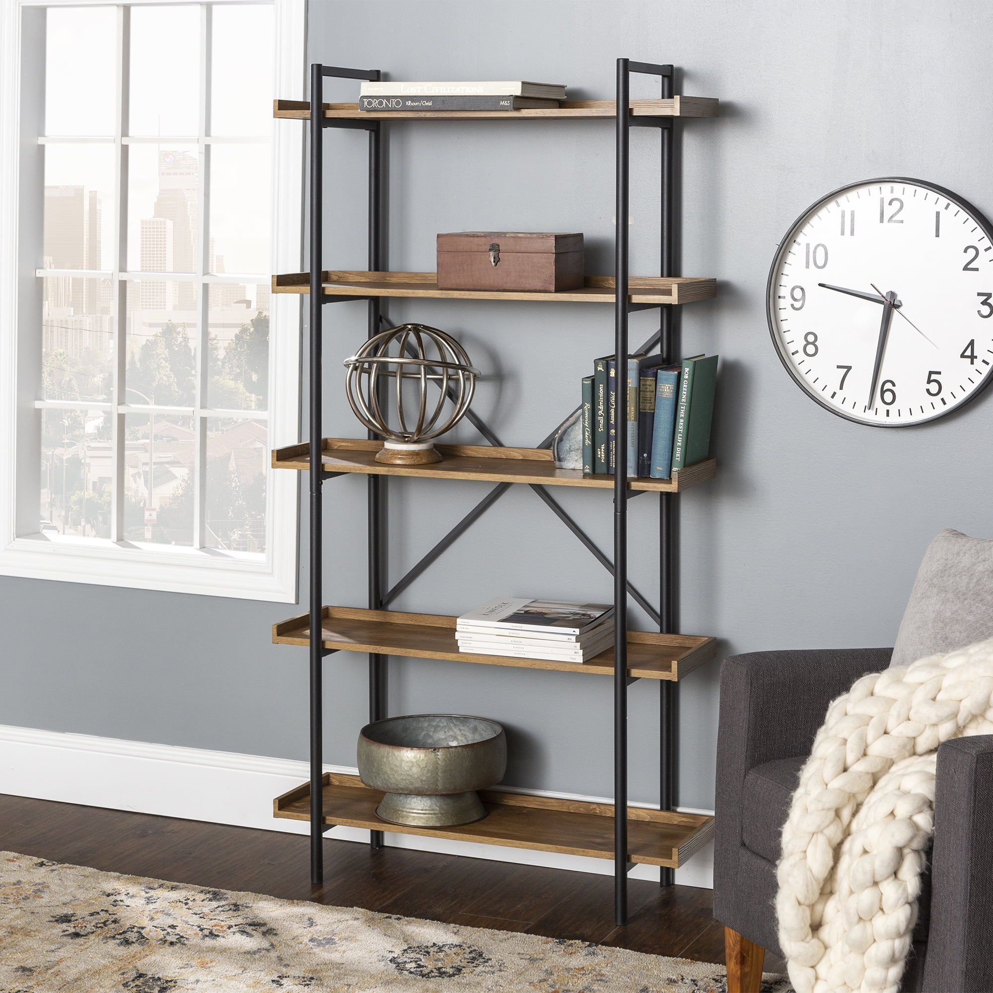 Walker Edison Urban Pipe Rustic Industrial Bookcase, Barnwood
