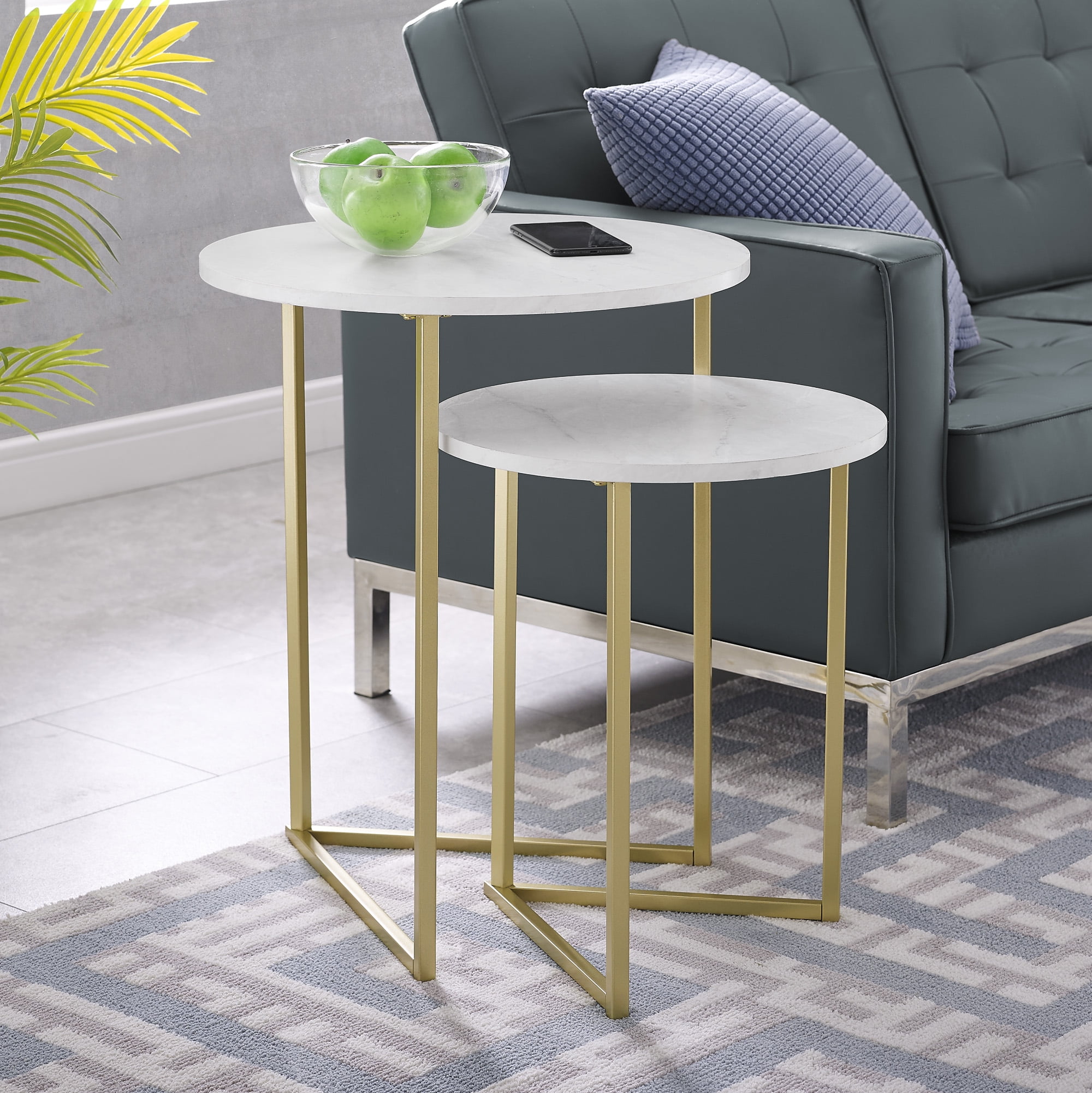 Walker Edison 2-Piece Round Nesting End Table, White Faux Marble/Gold