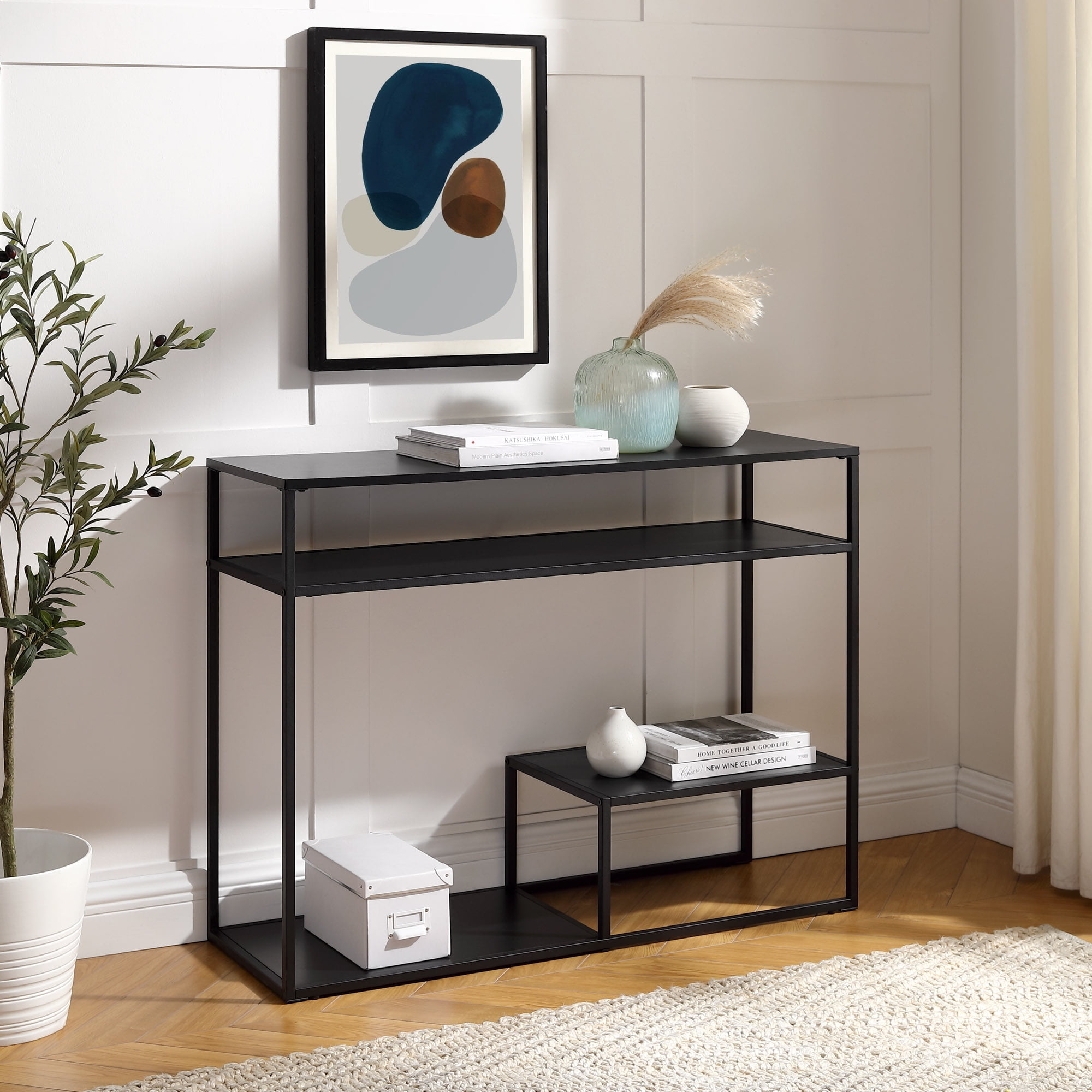 Walker Edison 42" Metal and Wood Console Table with Tiered Shelves, Black