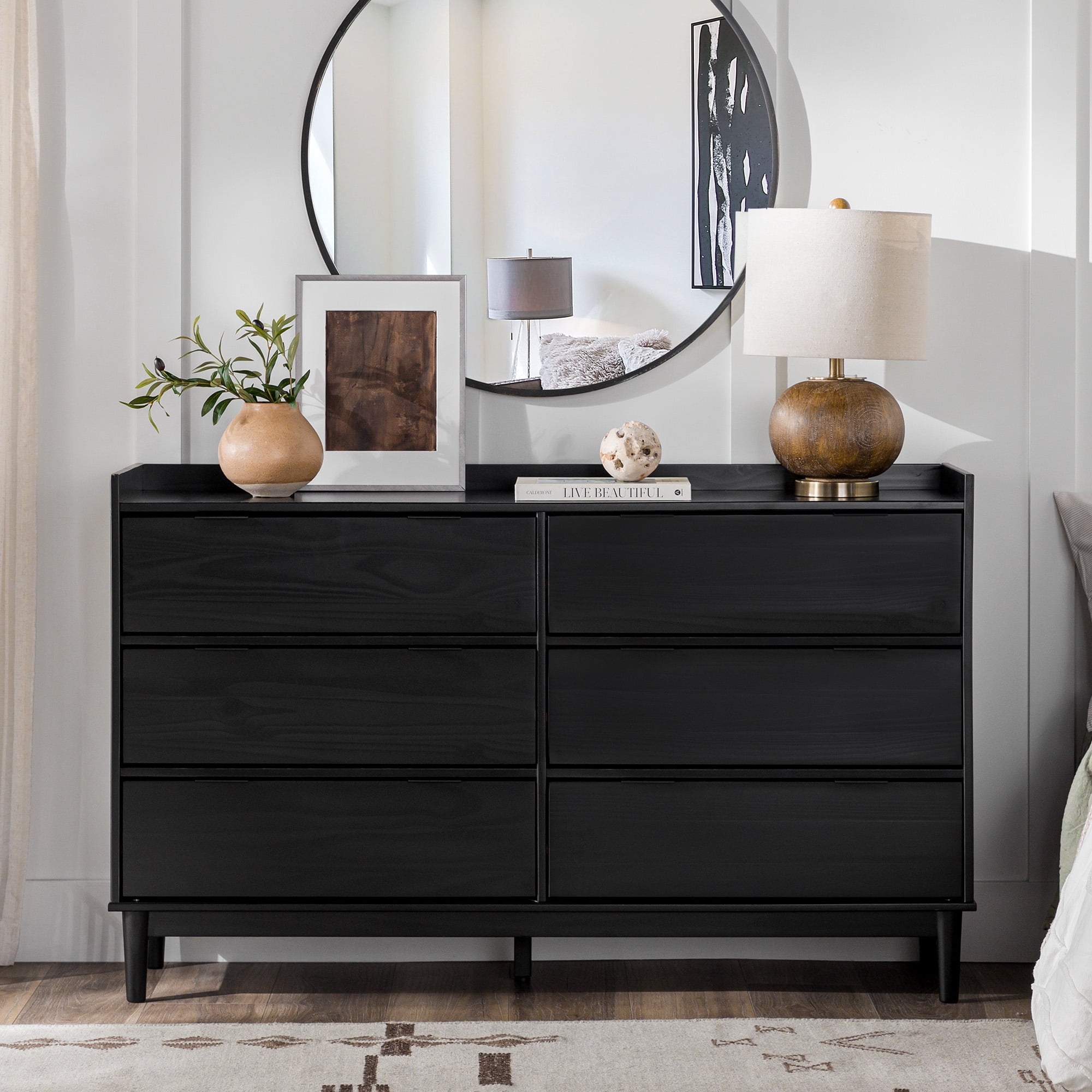 Walker Edison 55” Mid-Century Modern Gallery Top Solid Wood 6-Drawer Dresser, Black