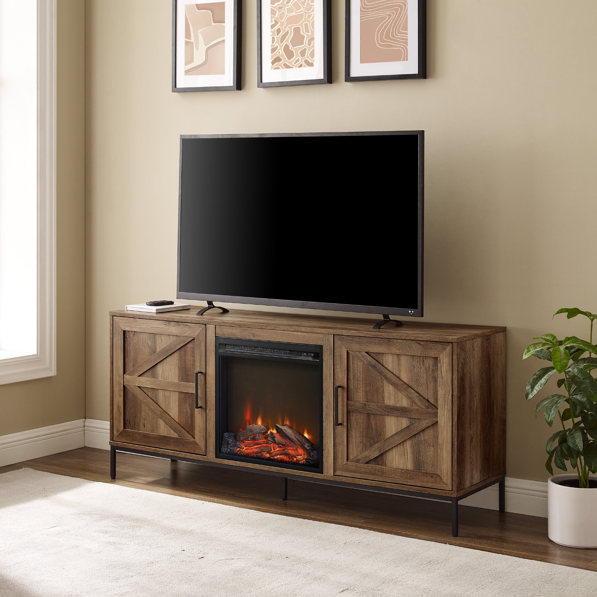 Walker Edison 58” Modern Rustic Electric Fireplace TV Stand, Rustic Oak
