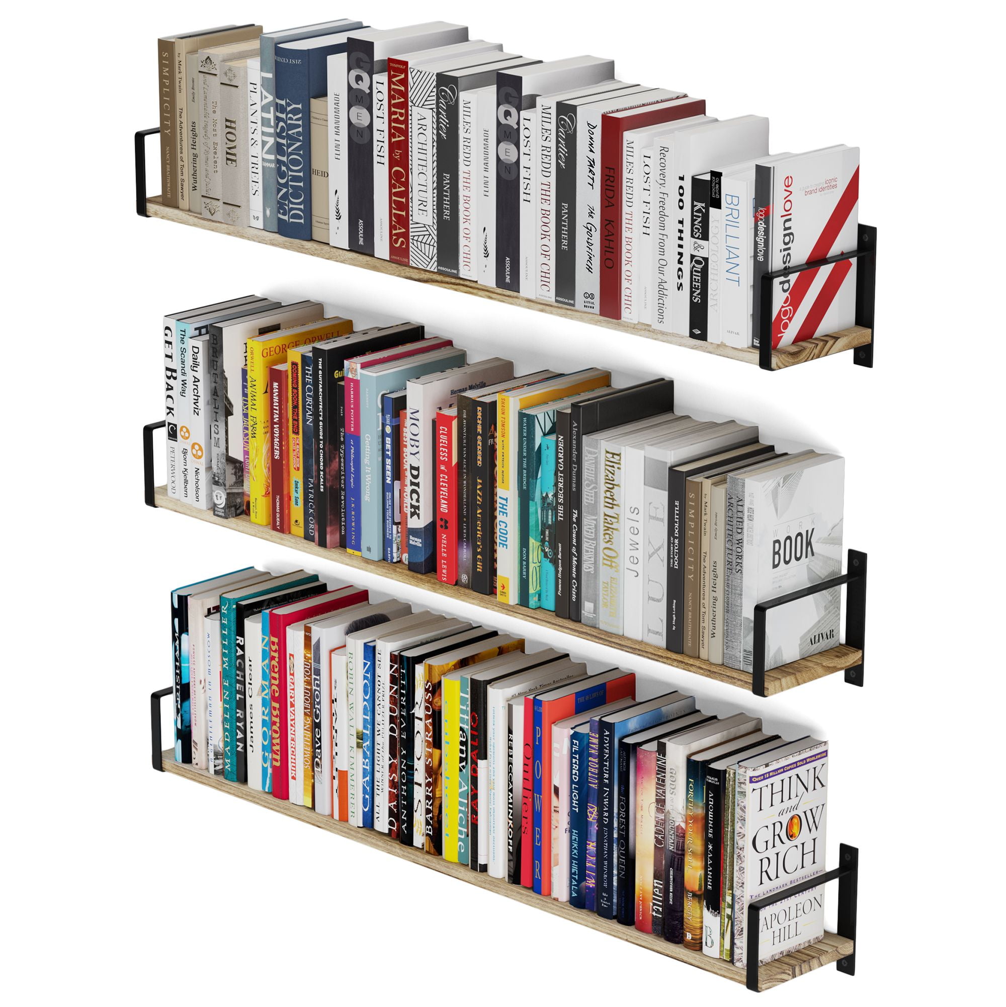 Wallniture Toledo 36"x6" Rustic Floating Shelves Set of 3 Wall Bookcase Shelf for Living Room Kitchen Bathroom Bedroom, Natural Burned