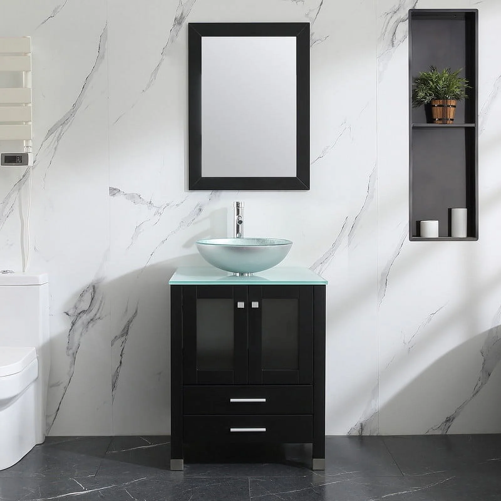 Walsport 24" Luxurious Bathroom Vanity and Sink Combo Cabinet with Silver Glass Vessel Sink and Faucet Pop Up Drain,Black