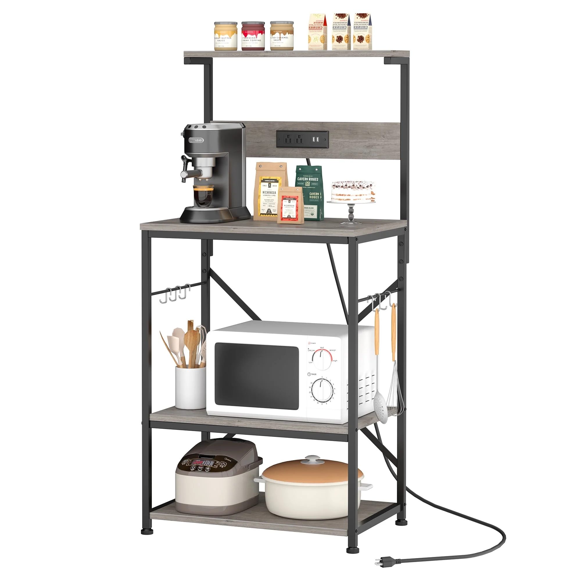 Walsunny Kitchen Bakers Rack with Power Outlet Microwave Stand with 6 S-shaped Hooks 4-Tier Coffee Bar Microwave Rack Gray