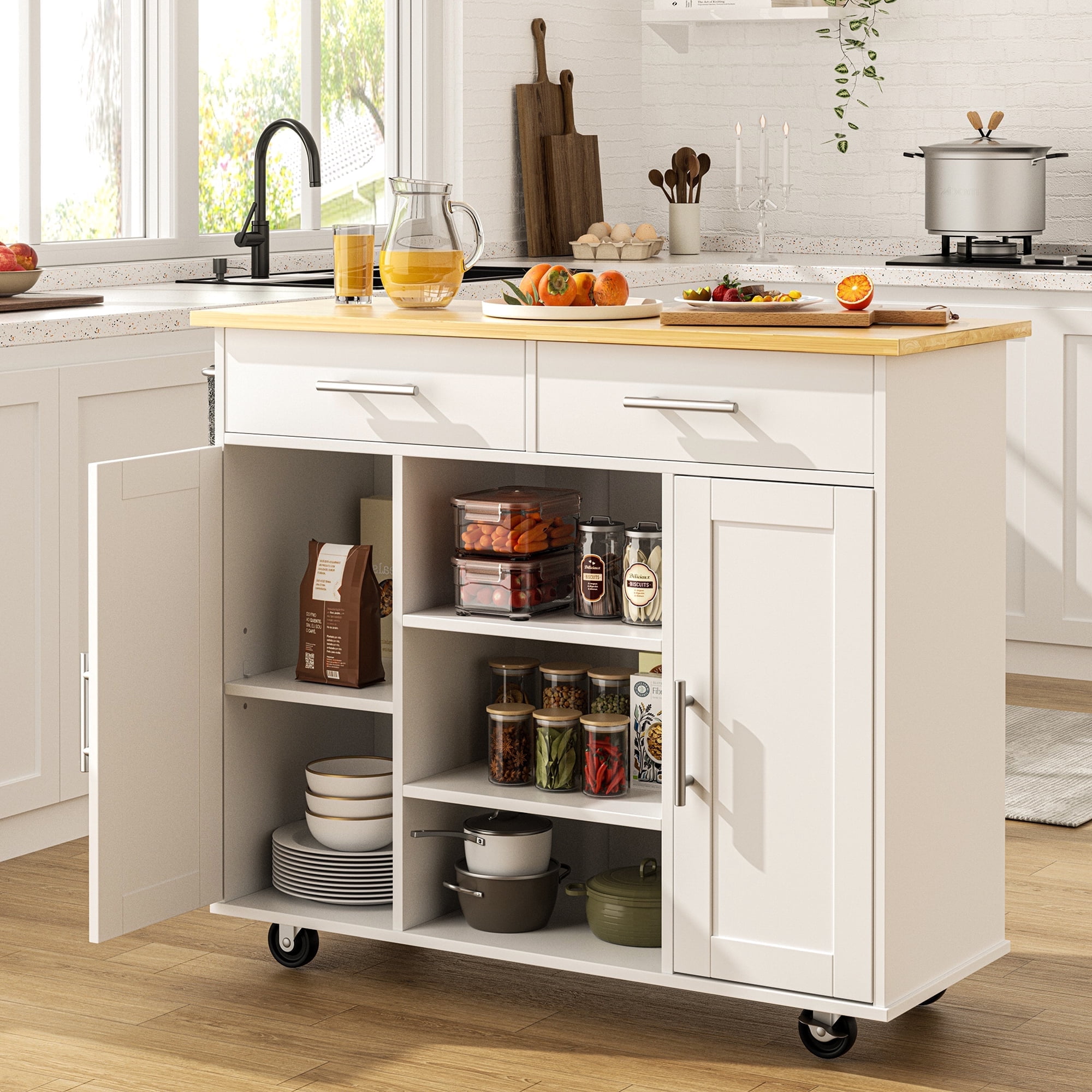 Walsunny Kitchen Islands Carts with Storage Drawers on Wheels Rolling Microwave Utility Cart with 3 Open Shelves 2 Storage Cabinets,White