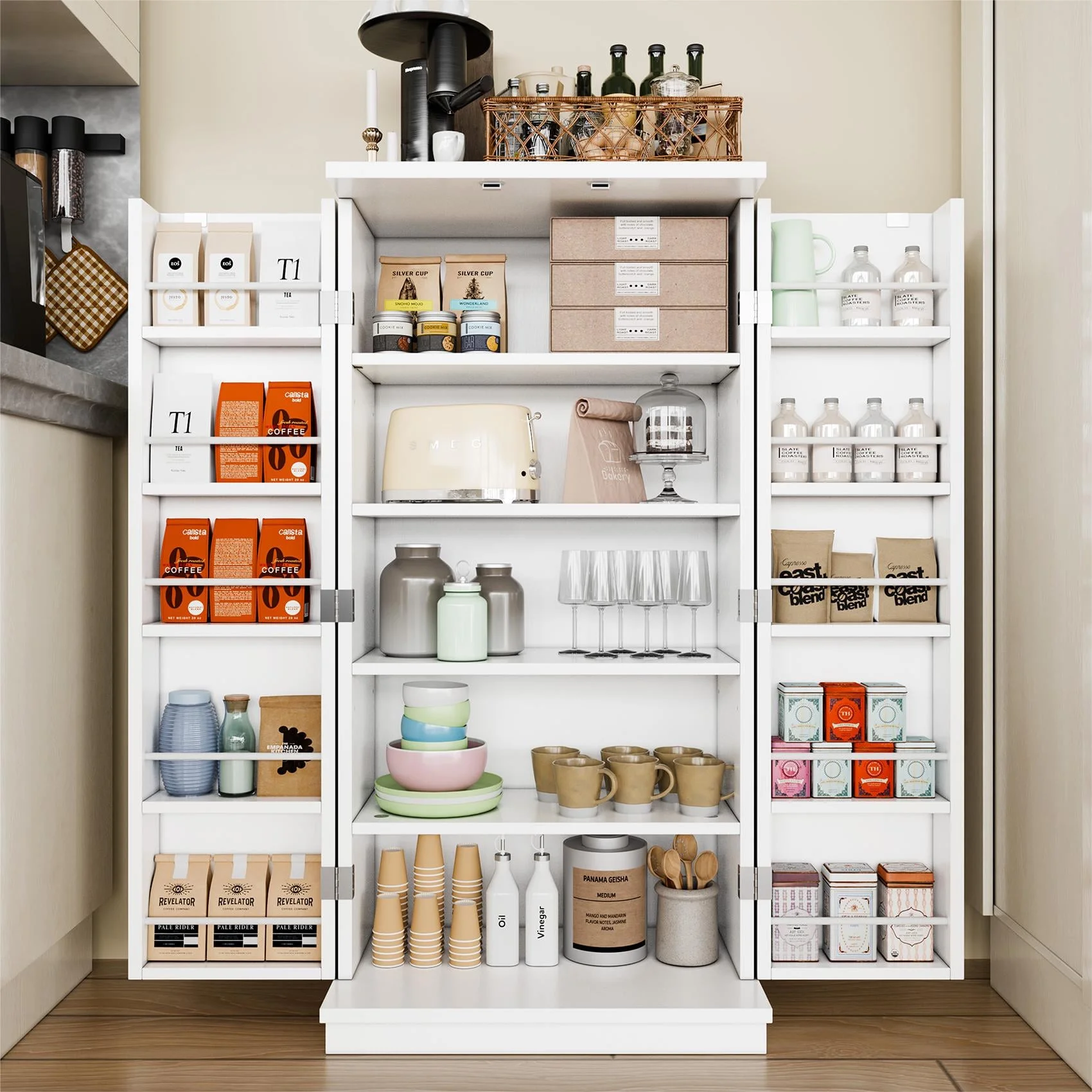 Walsunny 47" Kitchen Pantry Storage Cabinet with Adjustable Shelves, Racks and Doors Freestanding Kitchen Hutch Cupboard White