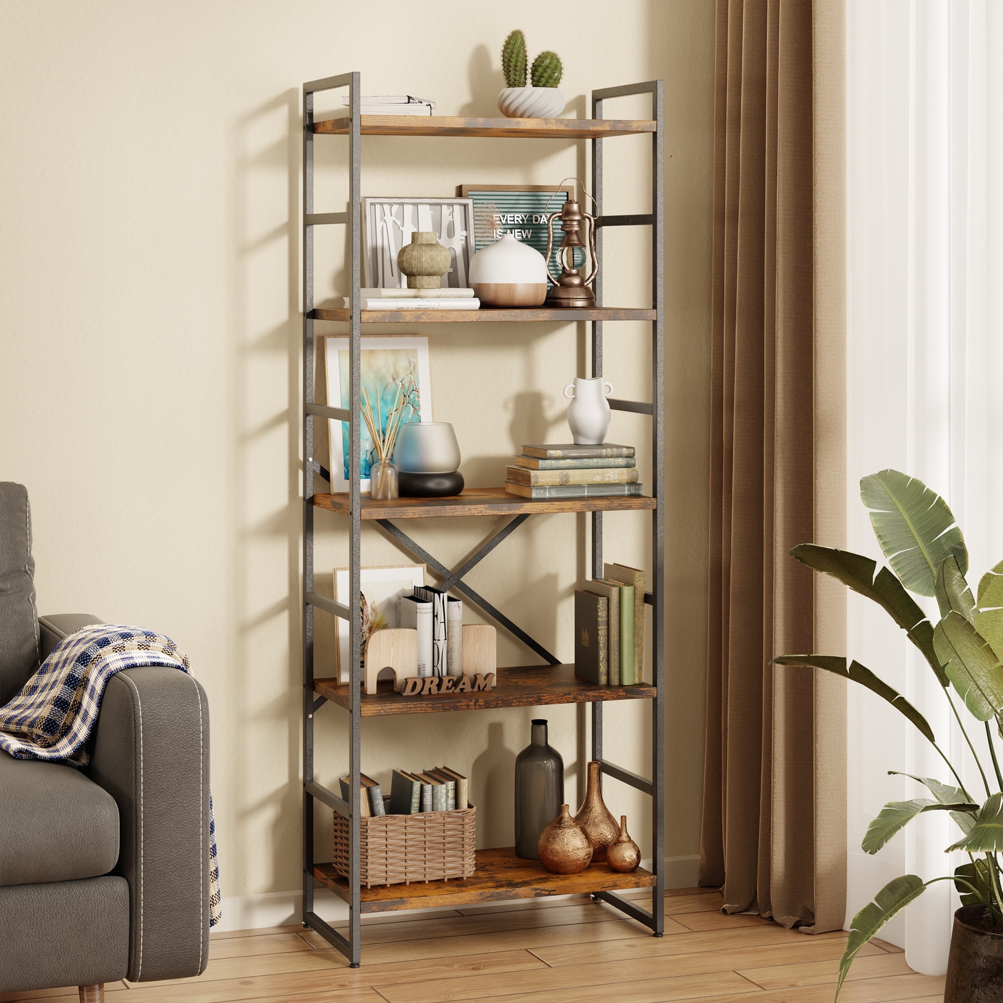 Walsunny Bookshelves Wooden Bookcases 5 Tiers H-Shaped Bookshelf with 5 Open Display Shelves Brown