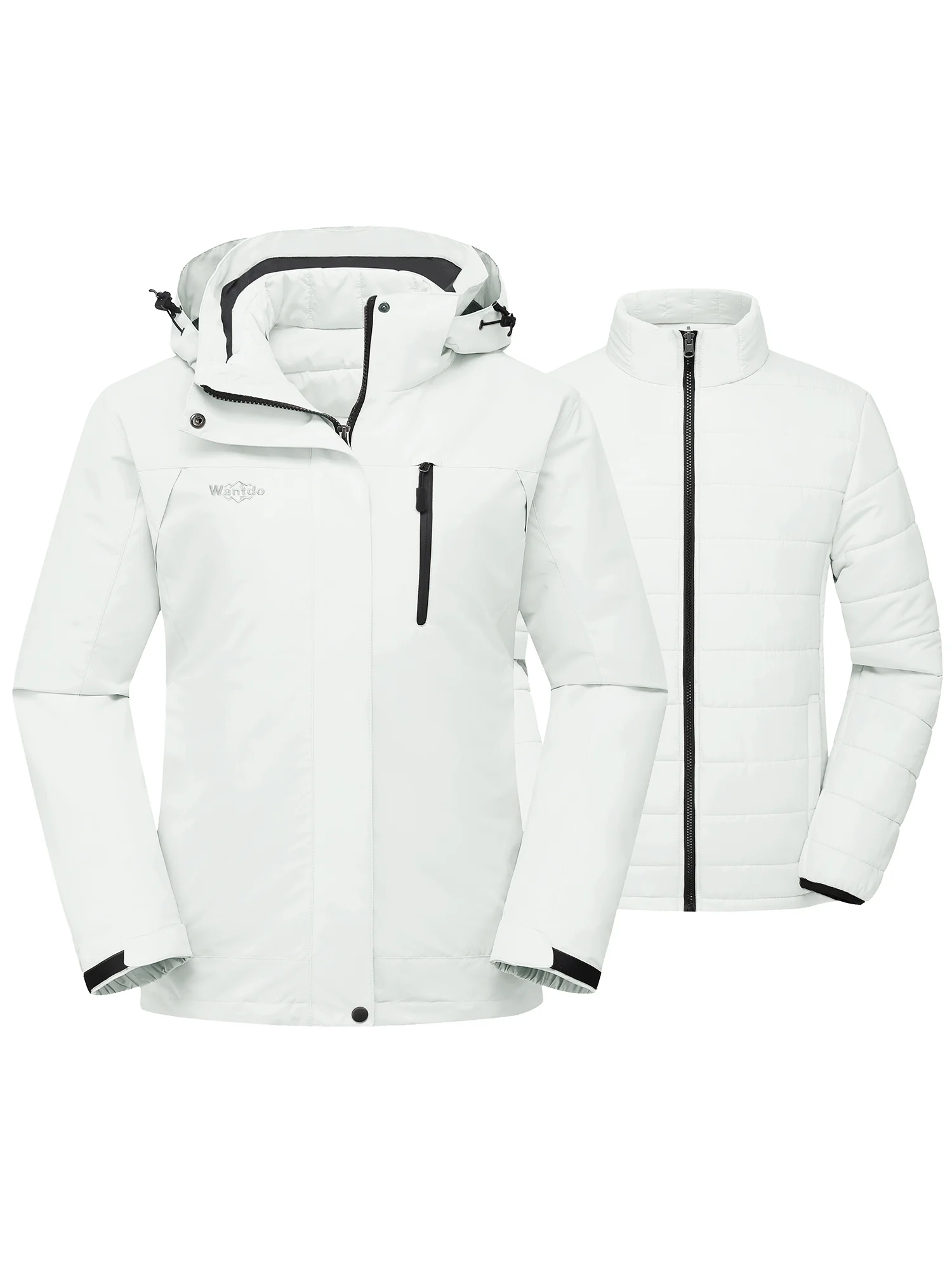 Wantdo Women's Windproof 3-in-1 Jacket Snow Coat Hooded Waterproof Winter Coats White 2XL
