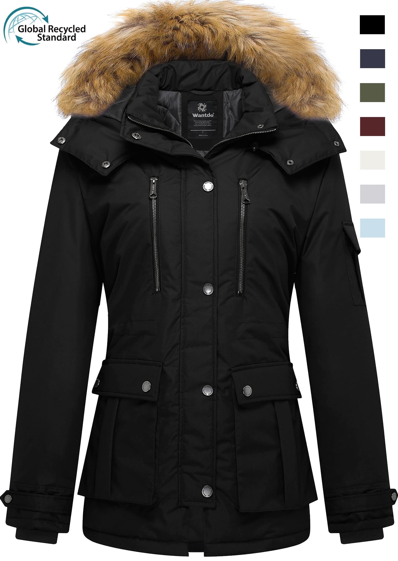 Wantdo Women's Recycled Winter Coat Thickened Winter Jacket Hooded Parka Jacket Black L