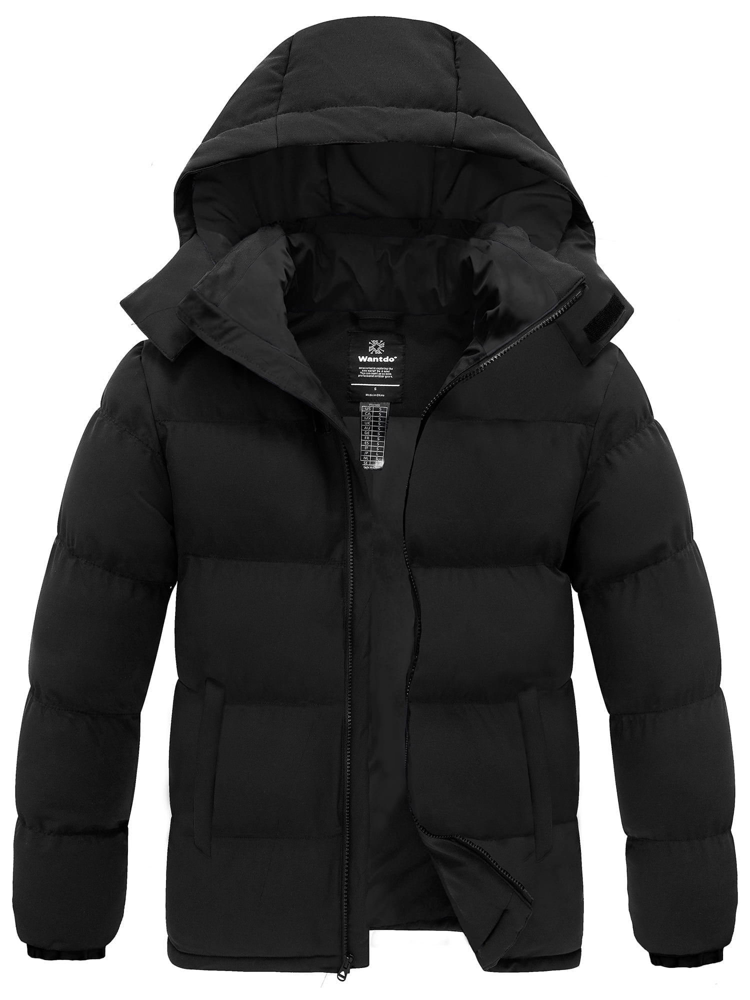 Wantdo Men‘s Winter Coat Recycled Puffer Jacket Waterproof Winter Jacket with Hood Black L