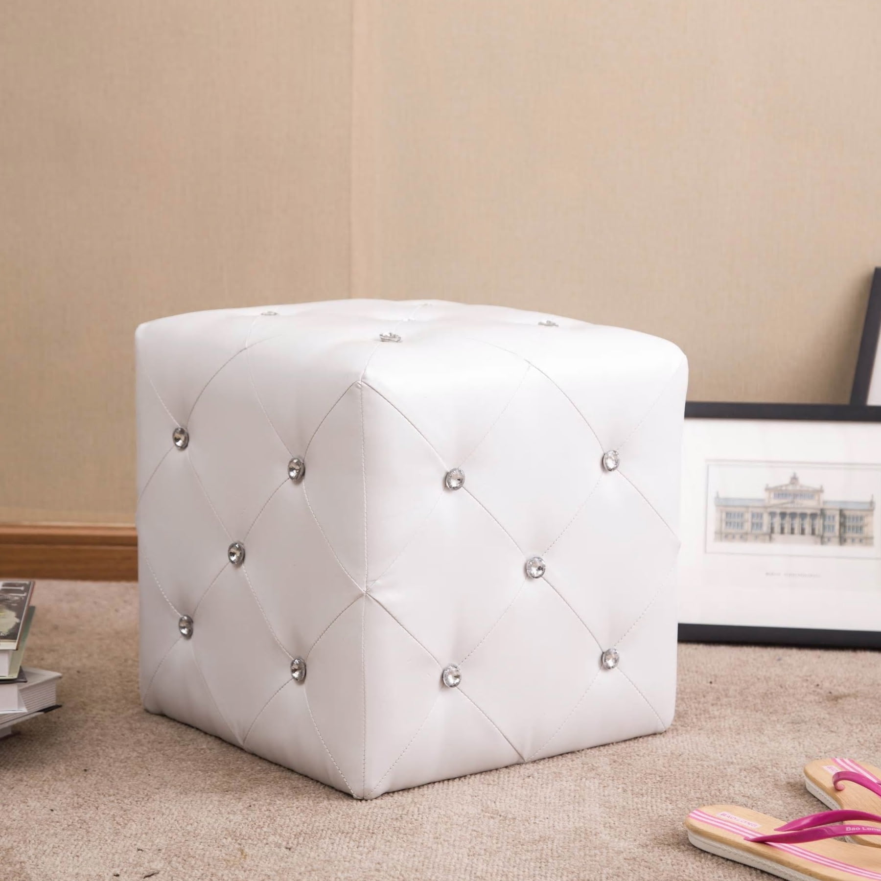 Warehouse of Tiffany Forza White Cubed Ottoman Stool with Crystal Accents WTF1343 White
